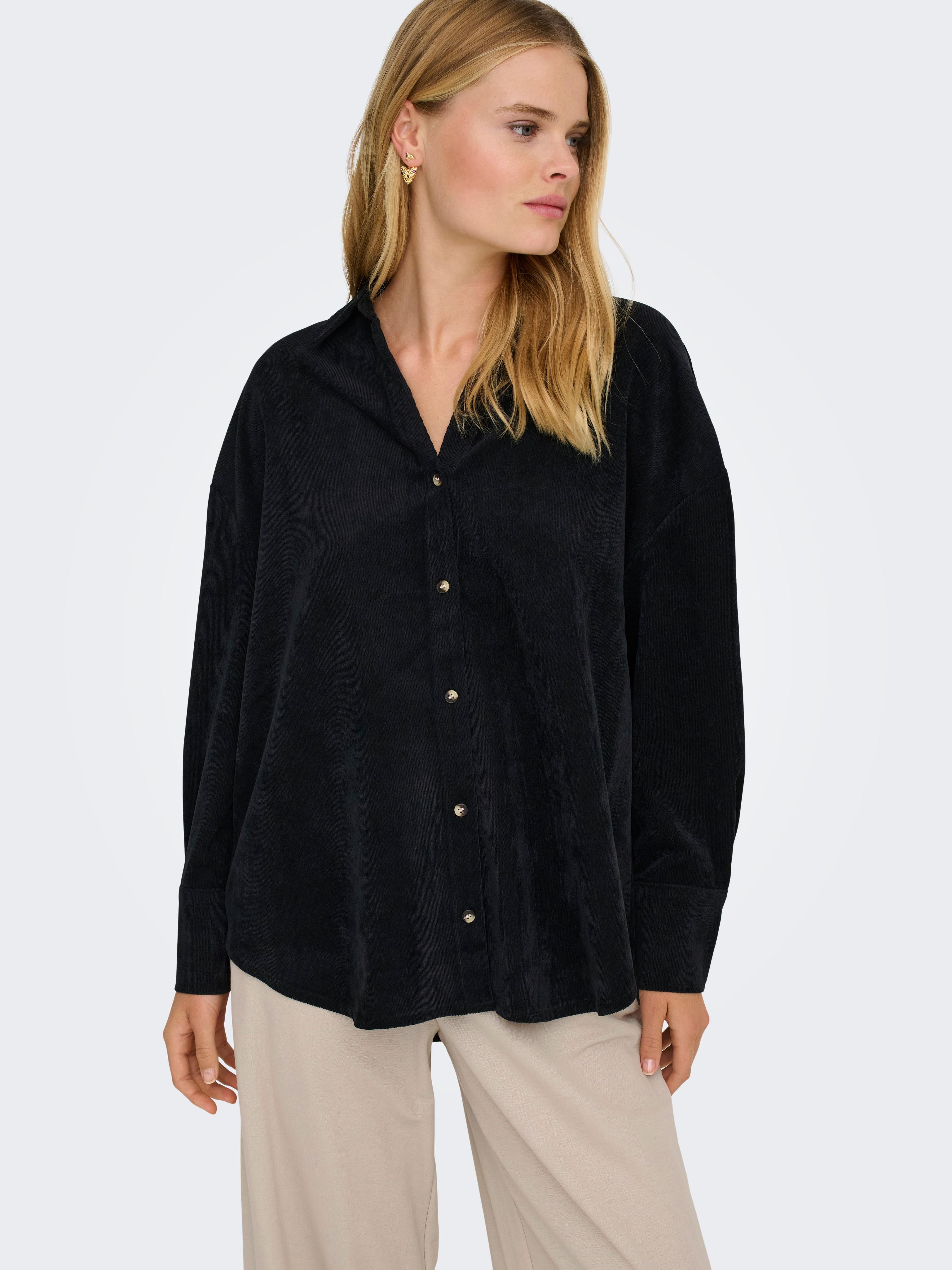 Langarmbluse ONLY "ONLMARIKE LIFE L/S CORD LOOSE SHIRT PNT", Damen, Gr. XS, schwarz, Web, Obermaterial: 88% Polyester, 10% Nylon, 2% Elasthan, unifarben, loose fit, Blusen Langarmbluse