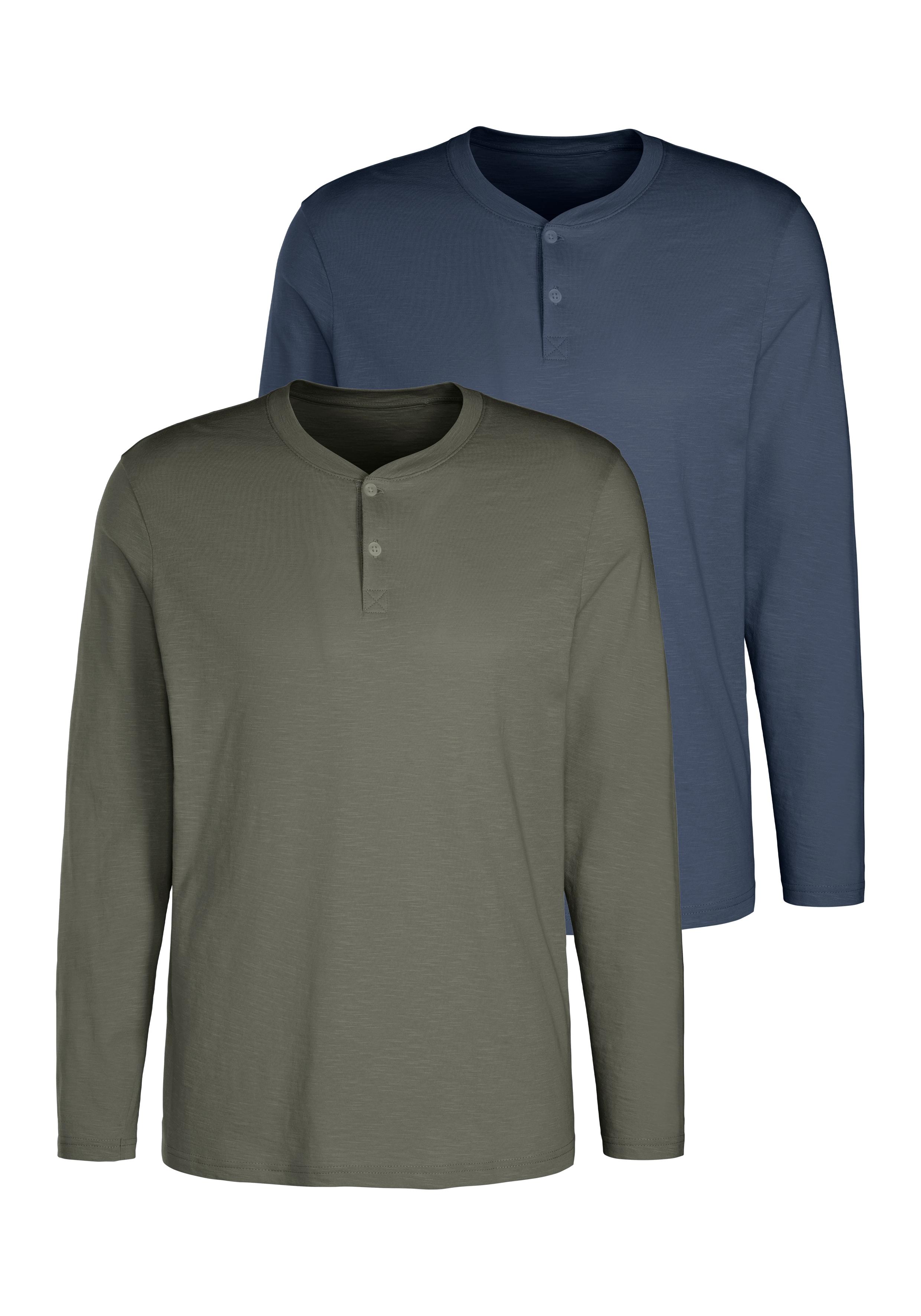 Langarmshirt H.I.S "- Henleyshirt langarm", Herren, Gr. M (48/50), grün (khaki, blau), Slub, Obermaterial: 100% Baumwolle, unifarben, regular fit normal, Rundhals, abgesteppte Kante, Shirts Langarmshirt, Langarm, Shirt mit Knopfleiste aus strukturierter Baumwoll-Qualität, Topseller