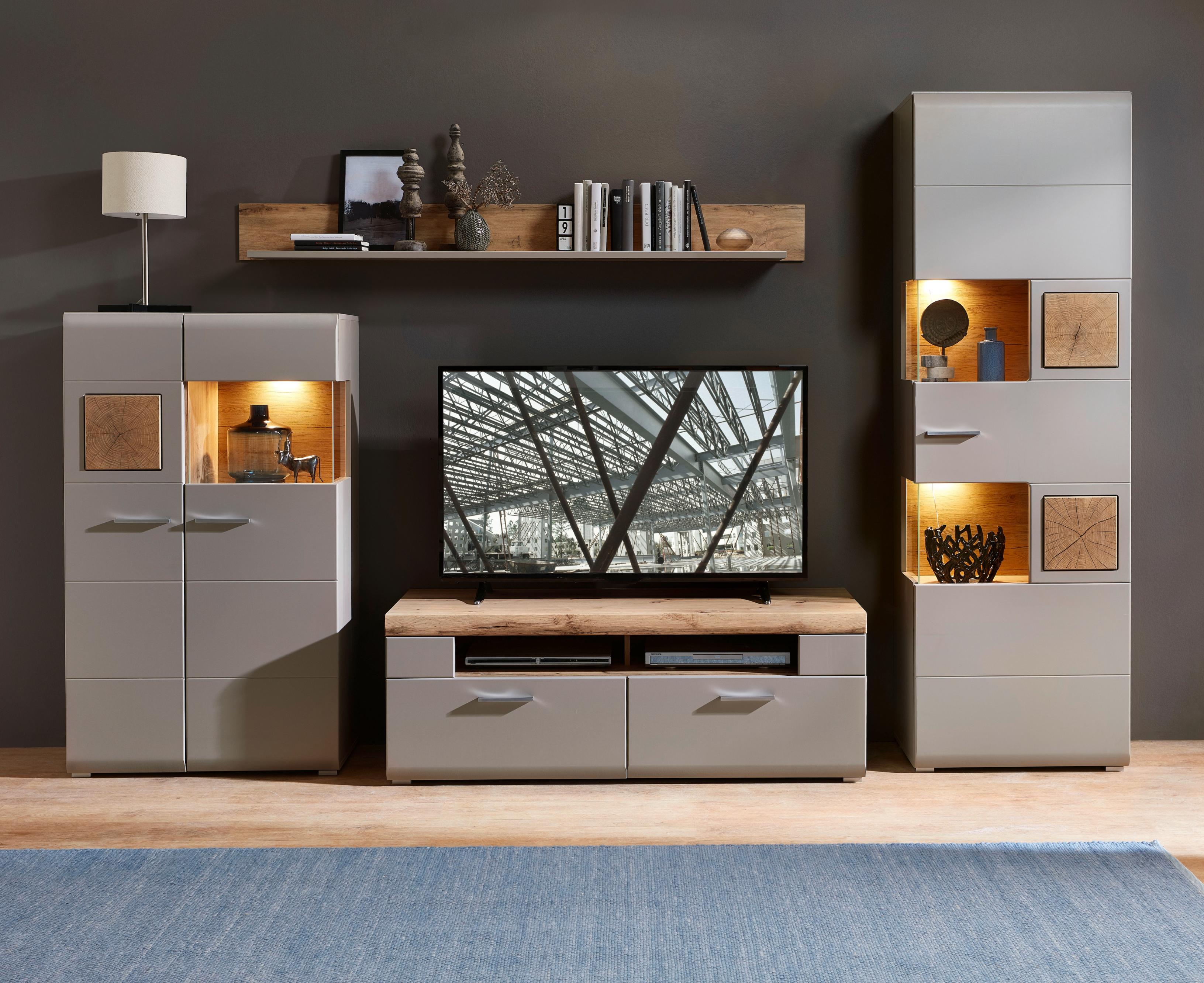 Wohnwand INNOSTYLE "FUN PLUS II", blau (basalt), B:325cm H:205cm T:47cm, Glas, Holzwerkstoff, Metall, Kastenmöbel-Sets, Wohnwand, inkl. LED-Beleuchtung