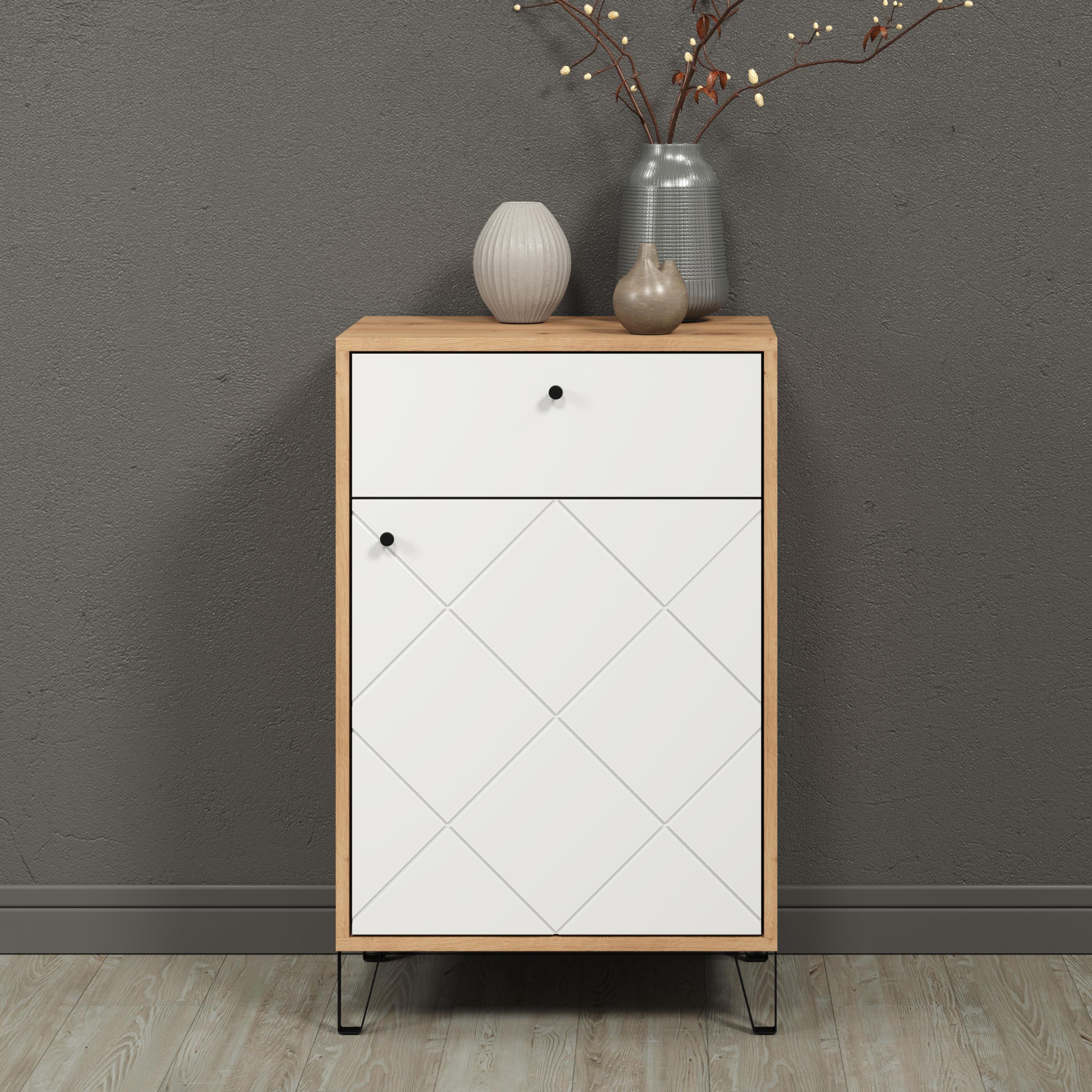 Kommode PLACES OF STYLE "Tarragona", weiß (eiche, weiß), B:63cm H:96cm T:40cm, Holzwerkstoff, Kunststoff, Metall, Sideboards, Kommode, Kommode, Tür, Schublade & Soft-Close - (B/T/H) 63/40/96 cm