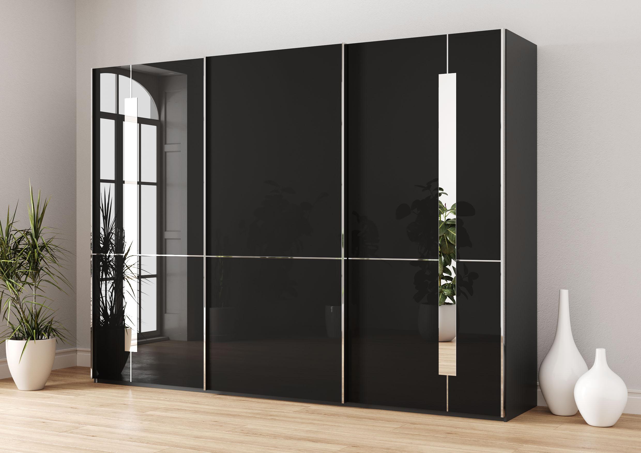 Schwebetürenschrank MUSTERRING "Imola W", grau (graphit), B:295,2cm H:217cm T:67cm, Floatglas, Holzwerkstoff, Schränke, Schwebetürenschrank, inkl. Einlegeböden und Kleiderstangen, mit Glastüren inkl. Zierspiegel