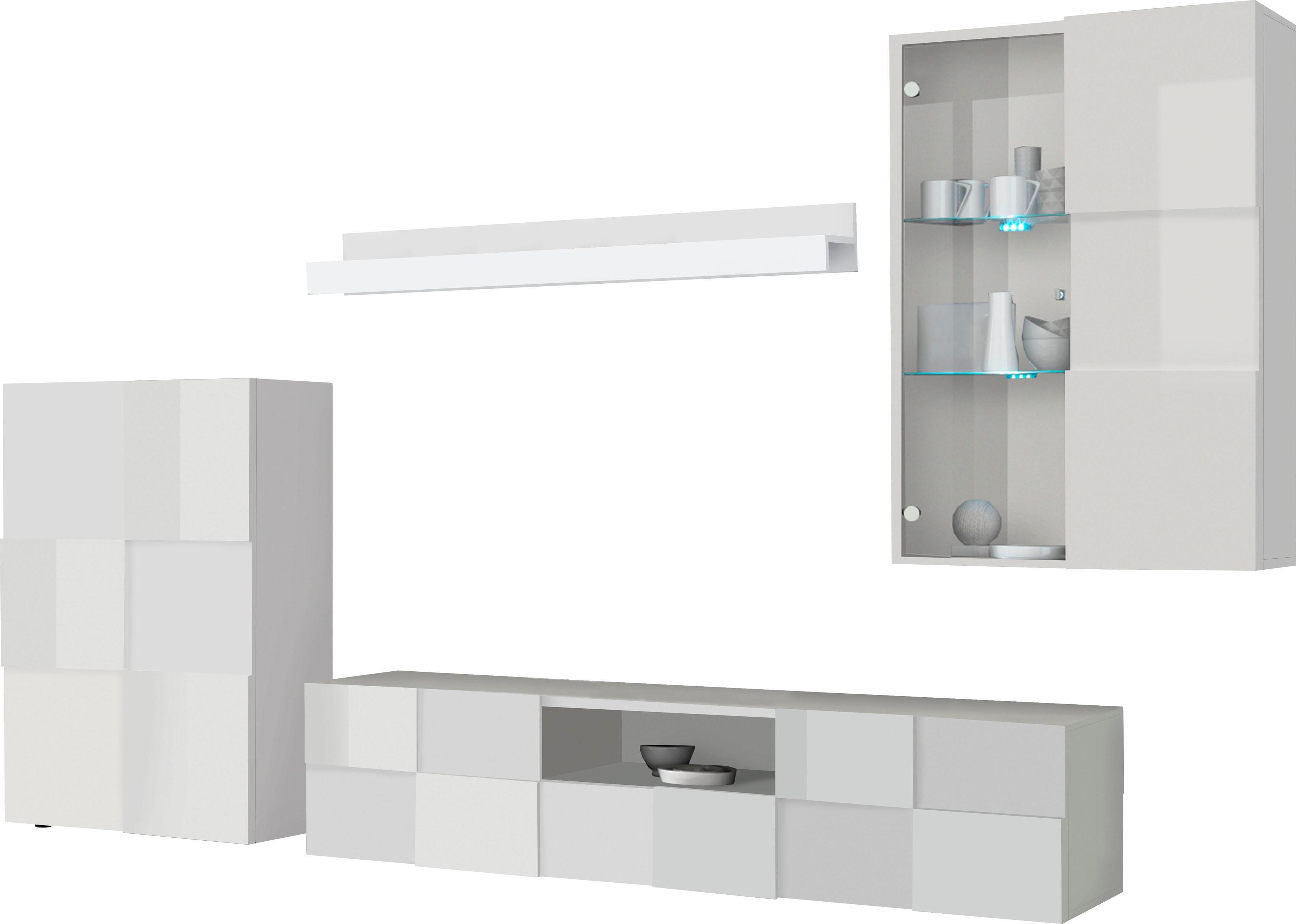 Wohnwand HOME AFFAIRE "Dama, 4tlg.Breite 300 cm, Höhe 200 cm, moderne Anbauwand in 3D-Optik", weiß (weiß hochglanz lack), Kastenmöbel-Sets, Wohnwand, (Lowboard, Stauraumschrank, Hängevitrine, Wandboard) viel Stauraum