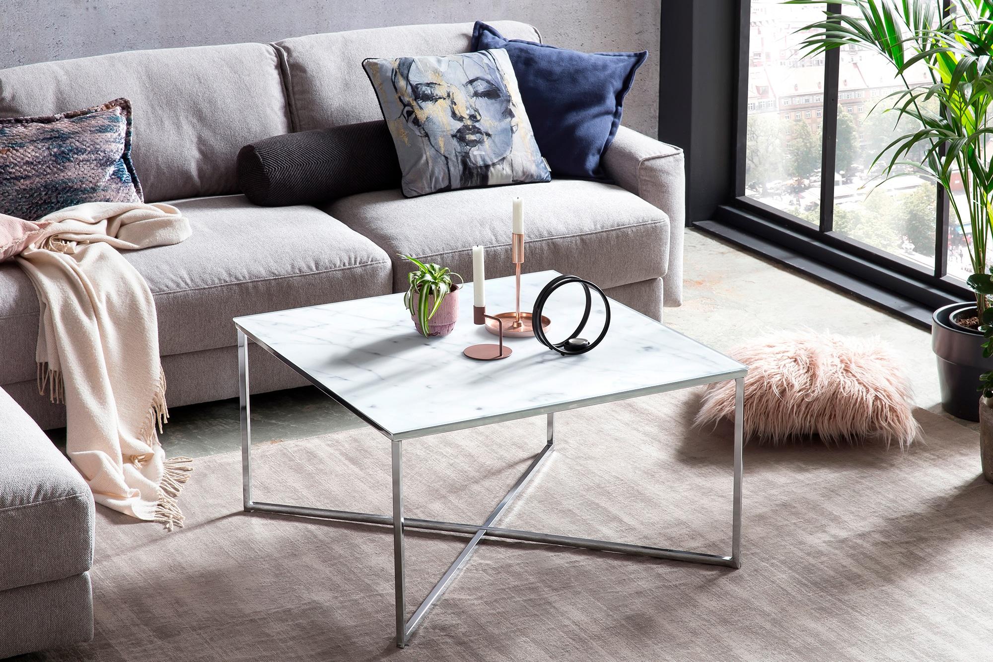 Couchtisch SALESFEVER "Caorle Coffeetable im eleganten Stil", weiß (weiß, chromfarben, chromfarben, weiß), B:80cm H:45cm T:80cm, Tische, Couchtisch, Eleganz trifft Funktion: Tischplatte in Marmoroptik