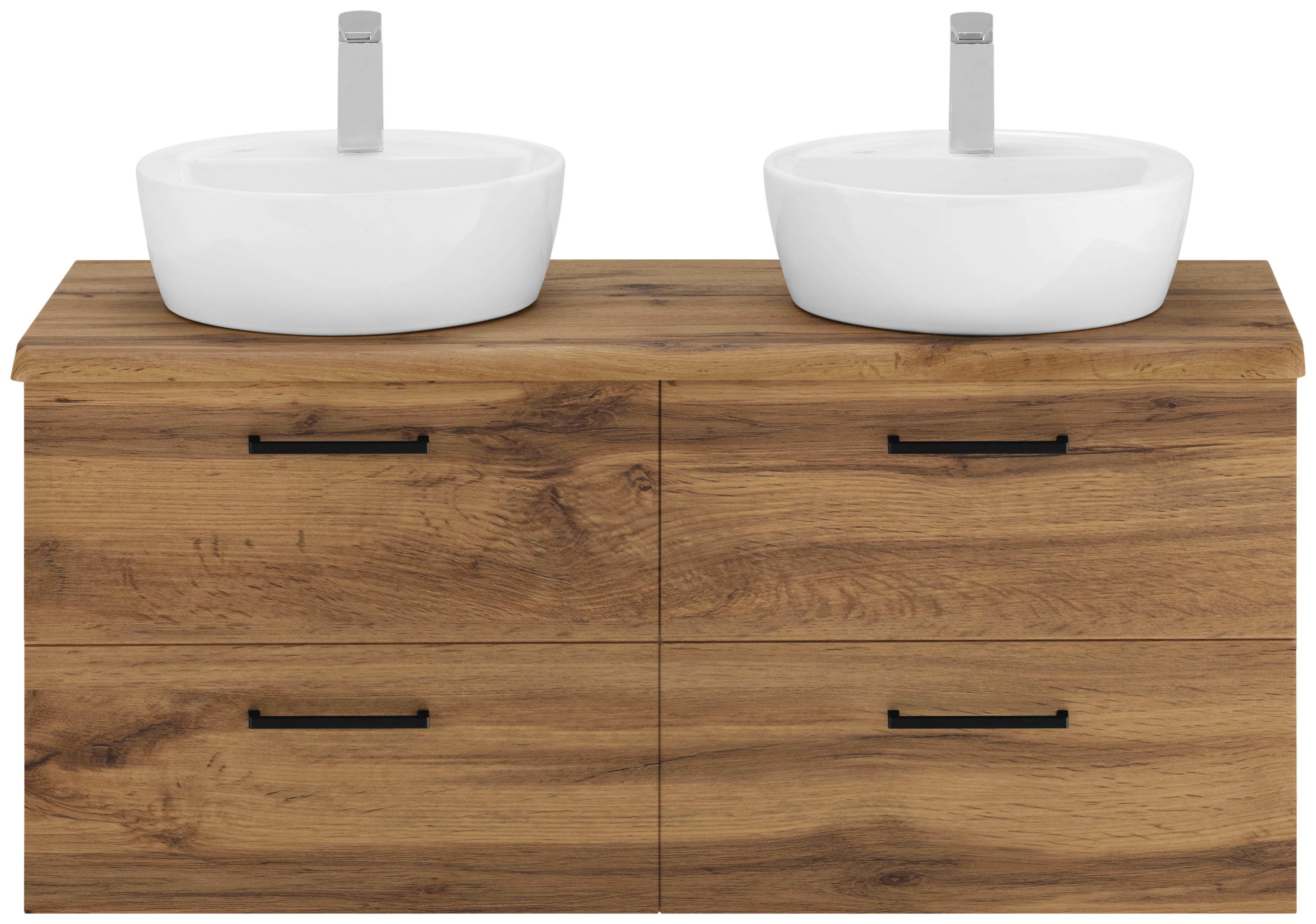 Doppelwaschtisch WELLTIME "Trento, Waschplatz, Waschtisch, 120 cm breit, viel Stauraum", beige (wotaneiche, wotaneiche), B:120cm H:67cm T:52cm, Waschtische, Doppelwaschtisch, 2 runde Keramik-Aufsatzbecken