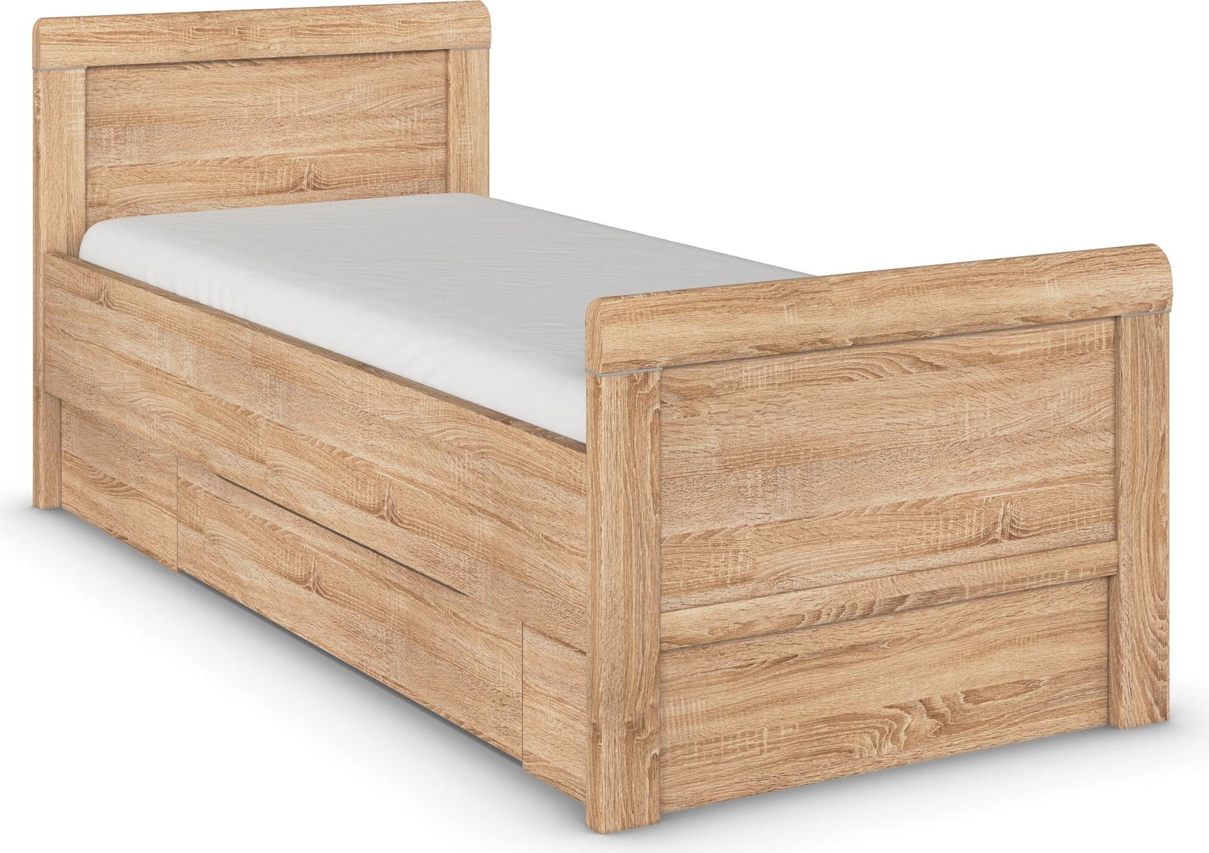 Stauraumbett RAUCH "Bett Einzelbett Stollenbett Bettkästen EVELYN", braun (eiche sonoma), B:99cm H:94cm L:210cm, Betten, Stauraumbett, in Komforthöhe mit Holzkopfteil sowie Schubladen MADE IN GERMANY