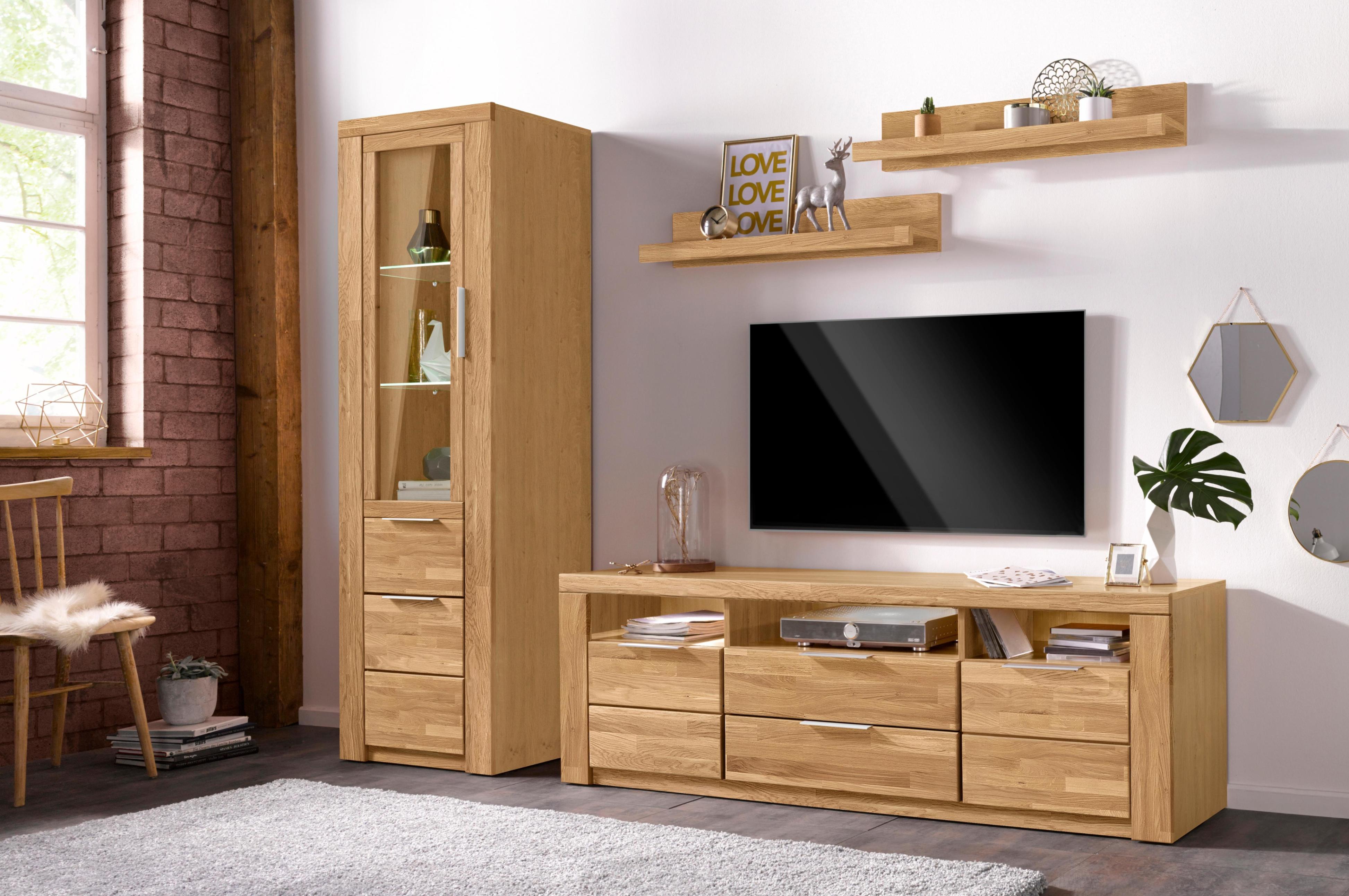 Wohnwand OTTO HOME "ZARA", braun (eiche teilmassiv), Holzwerkstoff eichefarben (Korpus) / Massivholz Eiche (Front), Kastenmöbel-Sets, Wohnwand, teilmassives Holz