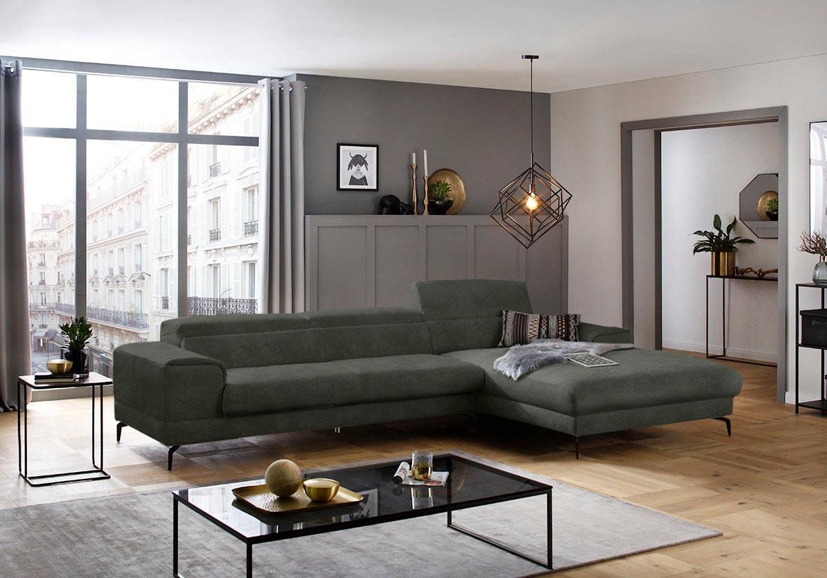 Ecksofa W.SCHILLIG "piedroo, Designsofa mit tollem Sitzkomfort, bequem, L-Form", grün (hunter r66), B:343cm H:70cm T:193cm, Chenille-Flachgewebe R66 (85% Polyester, 15% Nylon), Sofas, Ecksofa, Kopfteilverstellung, wahlweise mit Sitztiefenverstellung, Breite 343cm