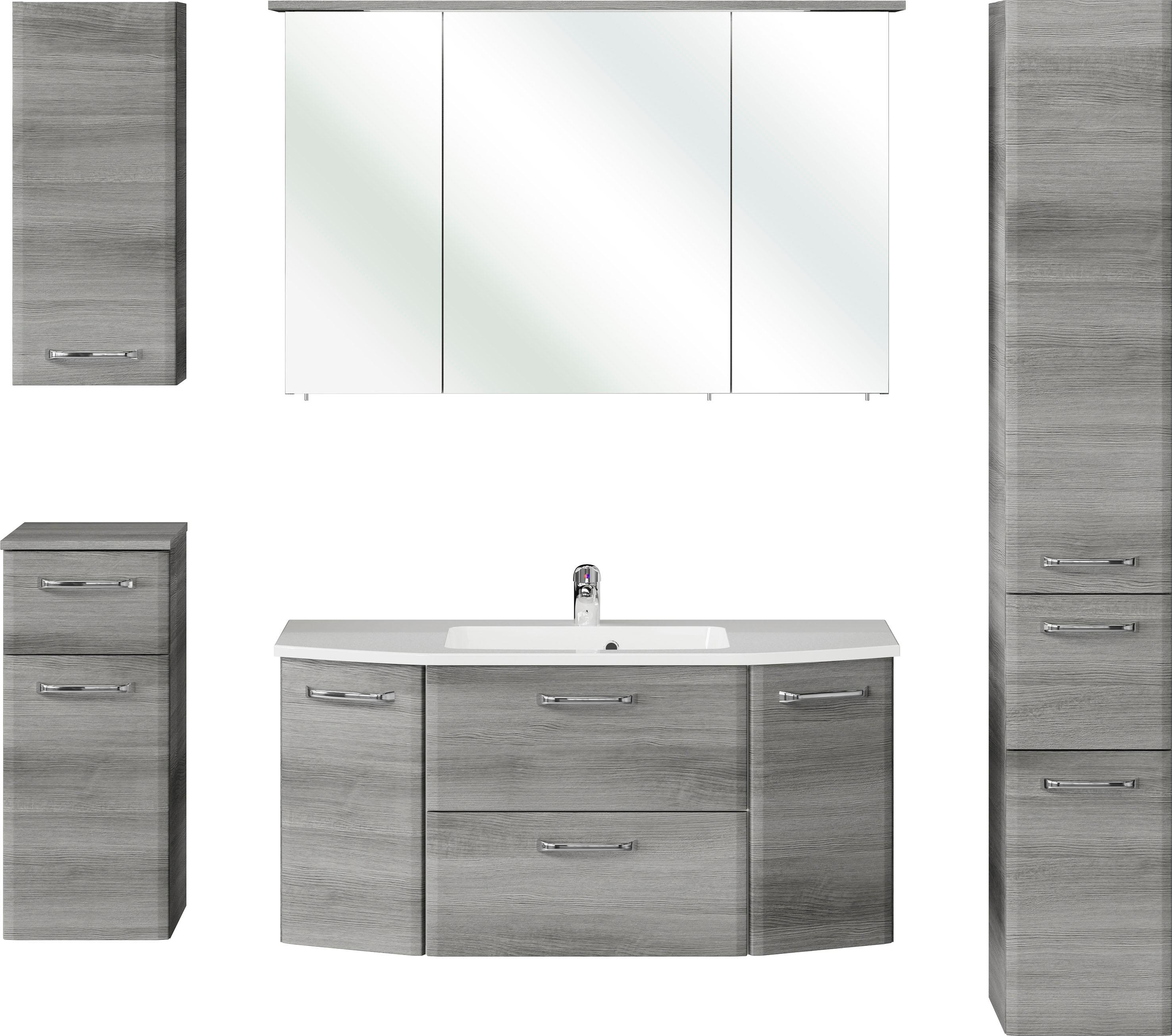 Badmöbel-Set SAPHIR "Quickset 5-teilig, Mineralmarmor-Waschtisch und LED-Spiegelschrank", grau (graphit struktur quer nachbildung), B:175cm H:200cm T:48cm, Holzwerkstoff, Kastenmöbel-Sets, Badmöbel-Set, Hochschrank, Unterschrank, Hängeschrank, inkl. Türdämpfer