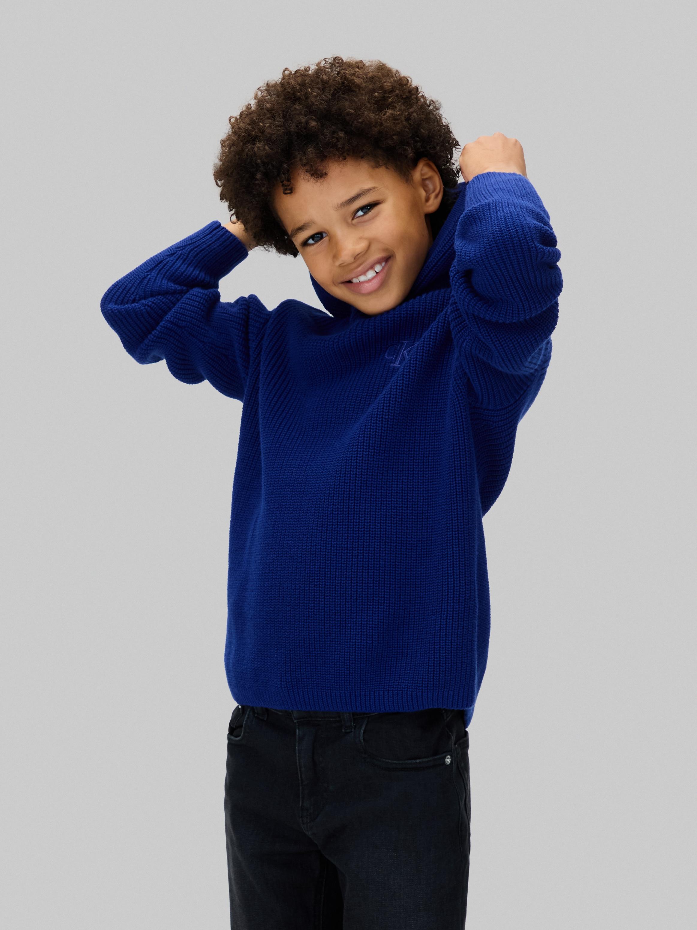 Strickpullover CALVIN KLEIN JEANS "RIB KNIT HOODIE", Jungen, Gr. 14 (164), bold blau, Strick, Obermaterial: 100% Baumwolle, unifarben, normal hüftlang, Rundhals, Bündchen, Pullover Strickpullover, für Kinder bis 16 Jahre, mit Kapuze