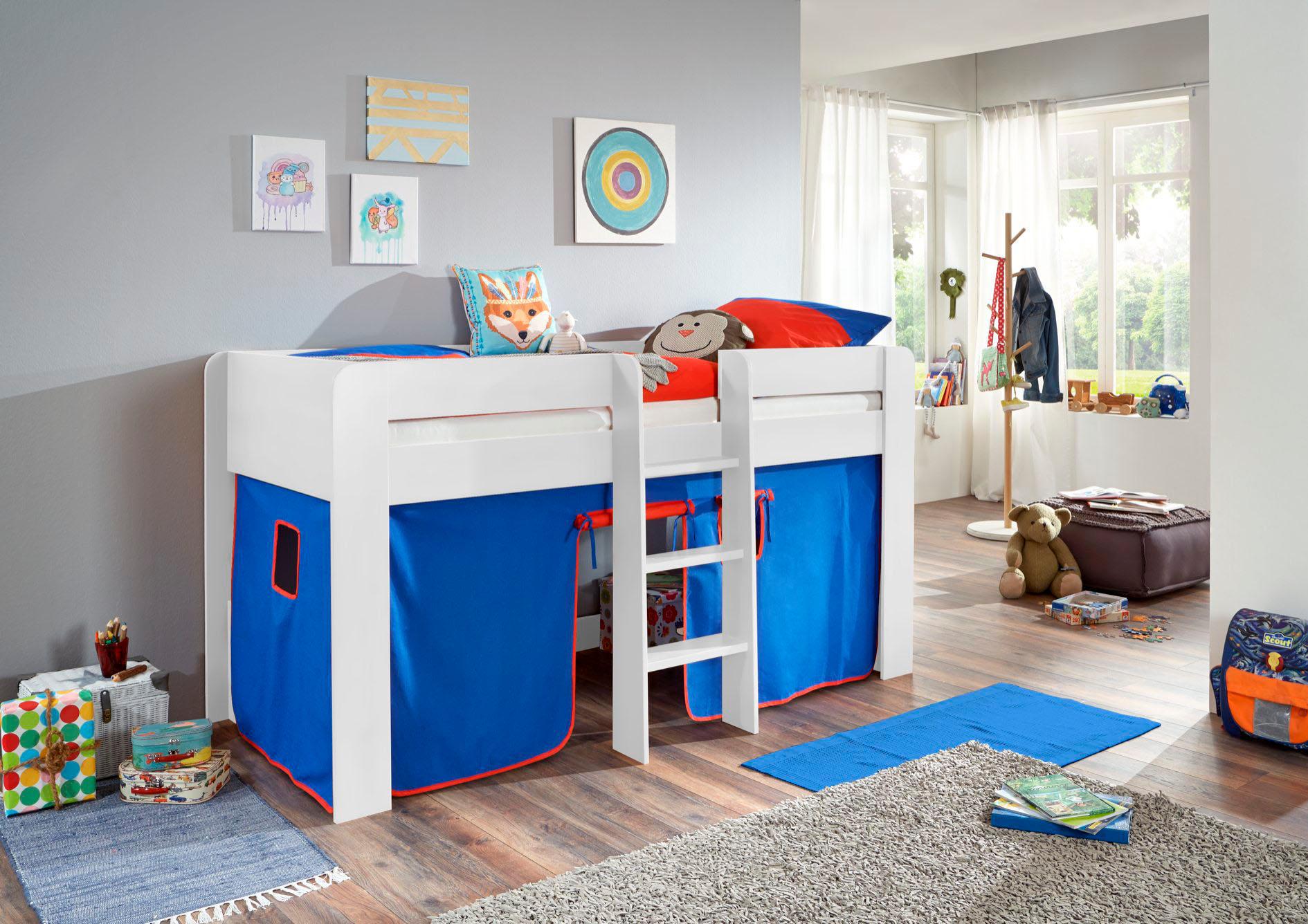 Hochbett RELITA "Andi", blau (buche dekor weiß blau, rot), Liegefläche B/L: 90cm x 200cm, kein Härtegrad, kein Härtegrad, Spanplatte: Buche Nachbildung Melamin weiß lackiert;Stoff: 100% Baumwolle (bei 30 C waschbar), Hochbetten, Hochbett, mit Rolllattenrost und Vorhang, mit Leiter, pflegel. Dekor Oberfläche