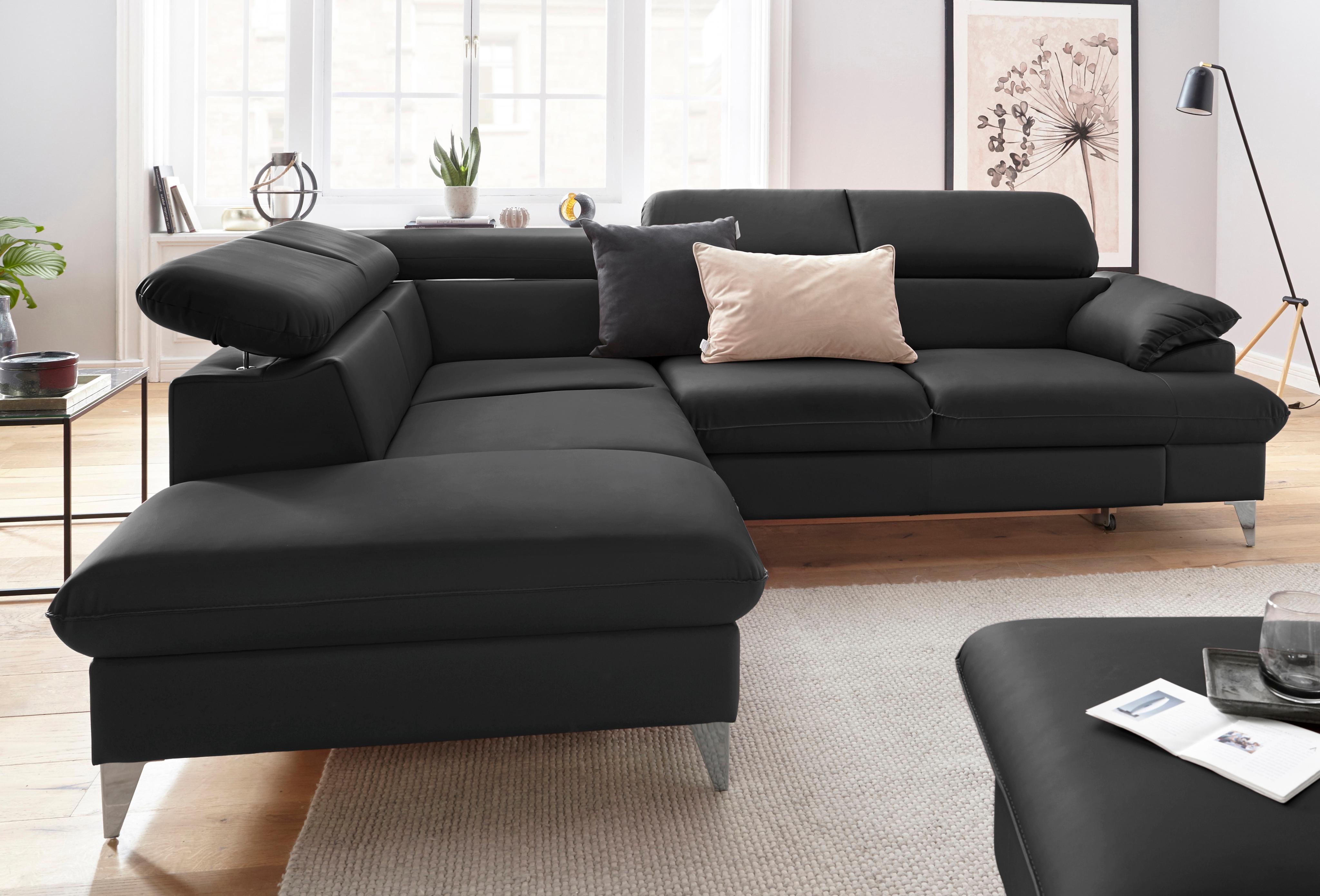Ecksofa COTTA "Caluso L-Form", schwarz, B:256cm H:74cm T:208cm, Kunstleder SOFTLUX;NaturLEDER (echtes Rindsleder);Microfaser PRIMABELLE (100% Polyester), Sofas, Ecksofa, mit Kopfteilverstellung, wahlweise mit Bettfunktion & Bettkasten
