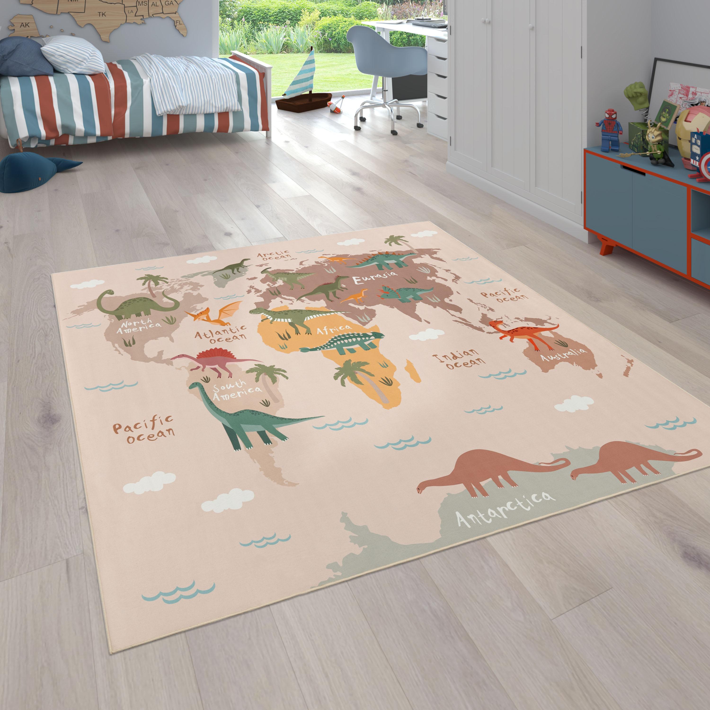 Kinderteppich PACO HOME "Bino 583", beige, B:160cm H:4mm L:220cm, Polyester, Teppiche, Kinderteppich, Spielteppich, Motiv Weltkarte & Dinosaurier, Kinderzimmer