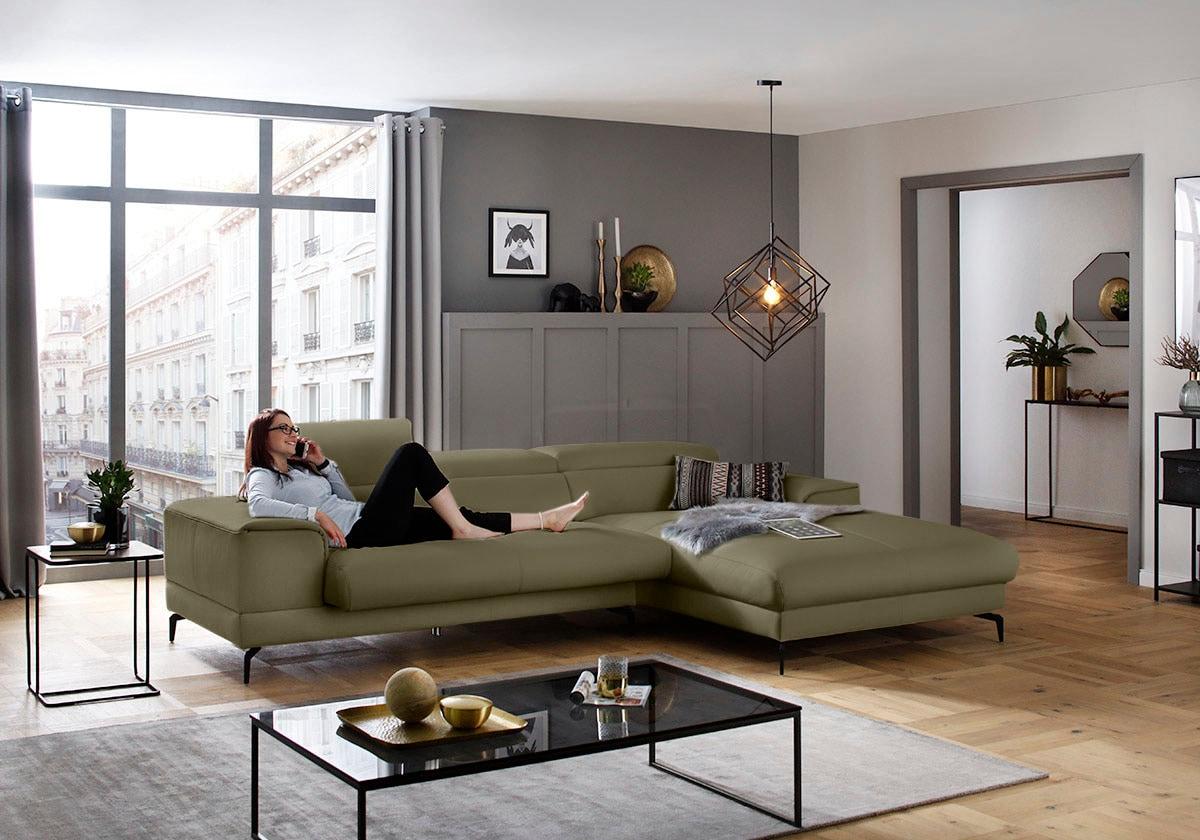 Ecksofa W.SCHILLIG "piedroo, Designsofa mit tollem Sitzkomfort, L-Form", grün (camouflage z69), B:303cm H:70cm T:193cm, Longlife Xtra-Leder Z69: Das feinnarbige, gedeckte Softleder Z69 besticht durch seine außergewöhnliche Weichheit im trendigen »Vintage-Look«, Hautstärke 0, 9 - 1, 1 mm, Sofas, Ecksofa, Kopfteilverstellung, wahlweise mit Sitztiefenverstellung, Breite 303cm
