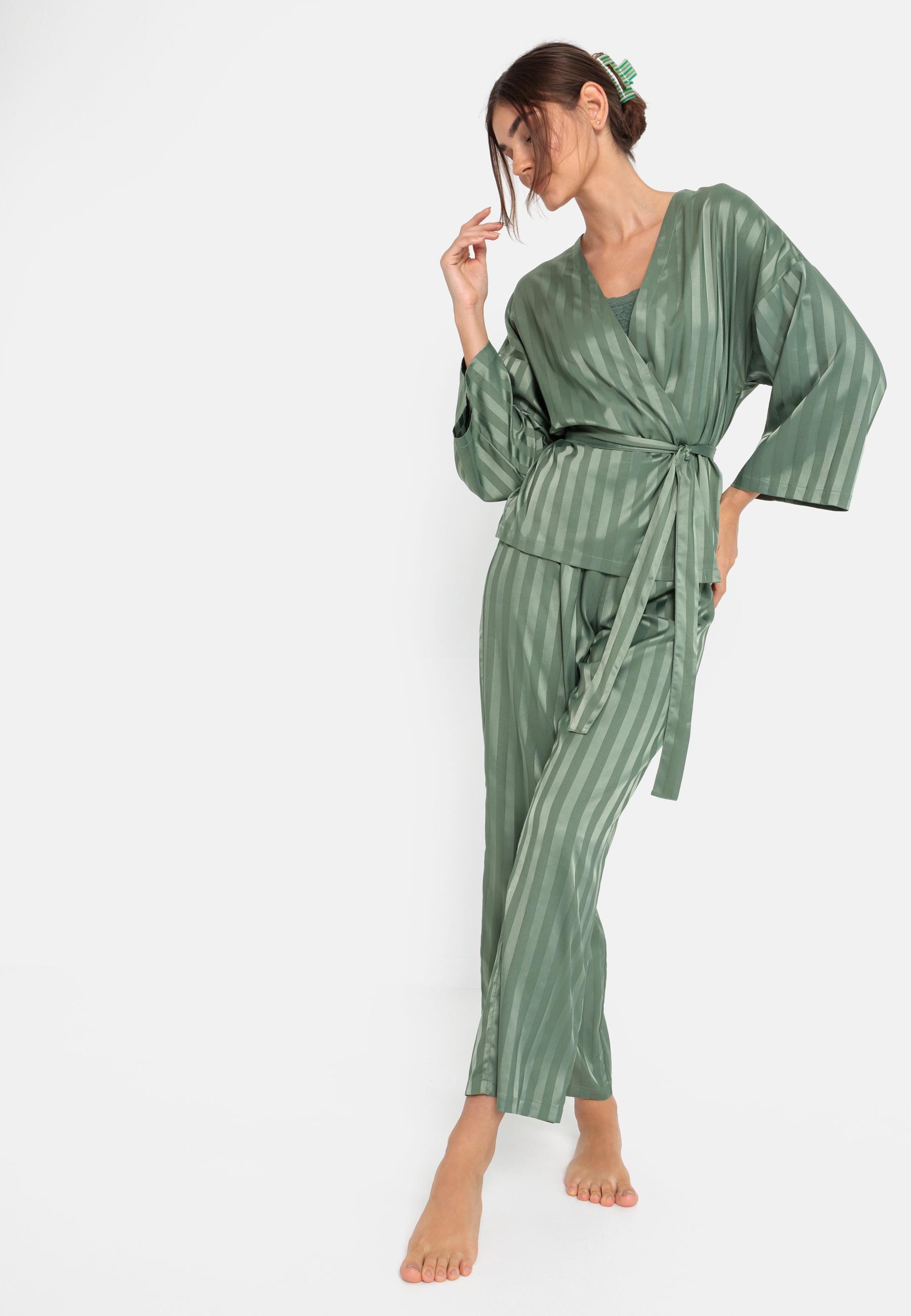 Pyjama LSCN BY LASCANA, Damen, Gr. 42, grün (dunkles tannengrün gestreift), Satin, Obermaterial: 97% Polyester, 3% Elasthan, gestreift, loose fit lang, Kimonoärmel abgesteppt, Homewear-Sets Pyjama, im Kimono-Stil