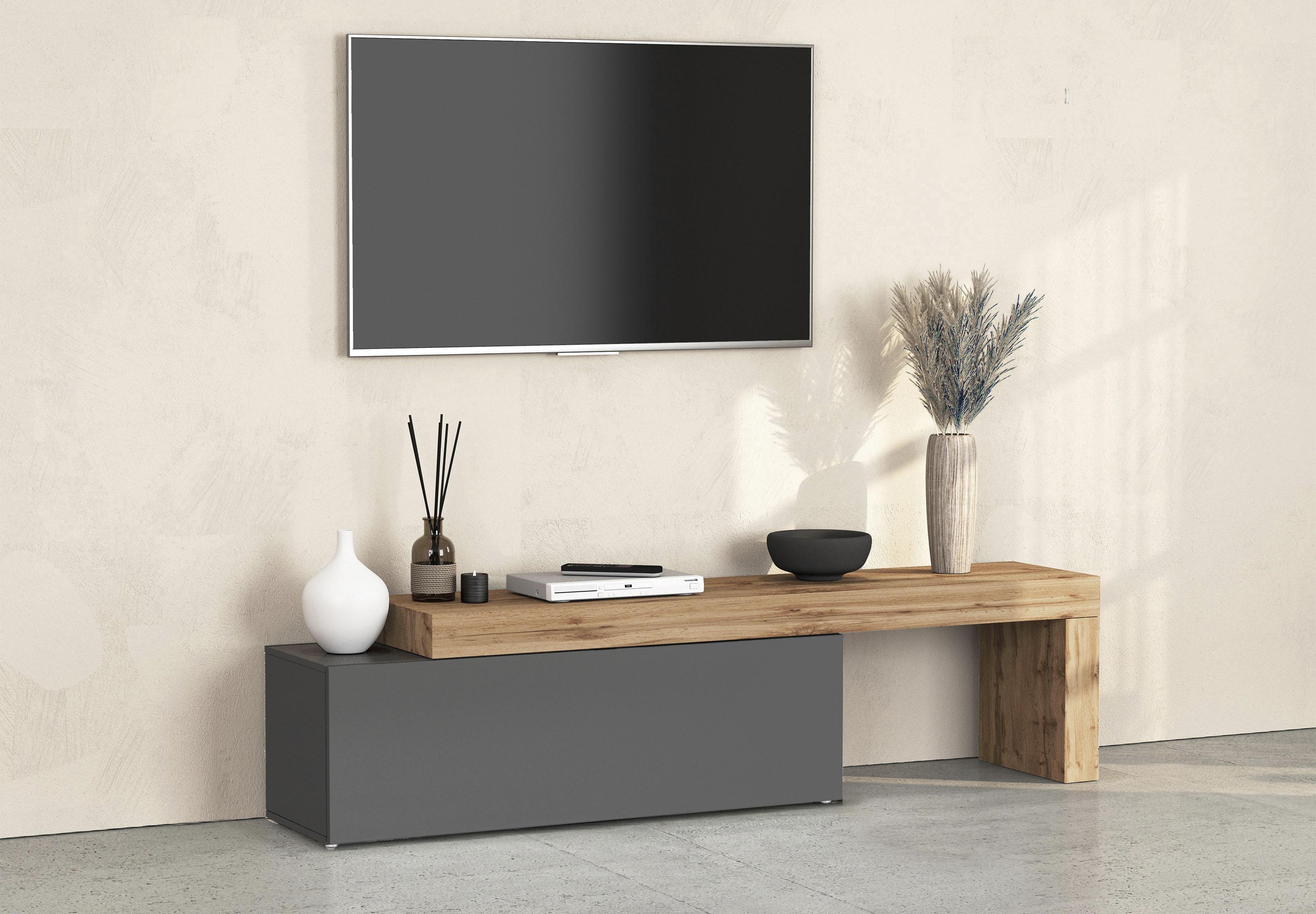 Lowboard OTTO HOME "Chronos TV-Board, T-Schrank", grau (anthrazit, eiche wotan), B:240cm H:51cm T:40cm, Sideboards, Lowboard, Breite 240 cm TV-Board,Lowboard,1 Klappe und ein L-Förmiger Aufsatz