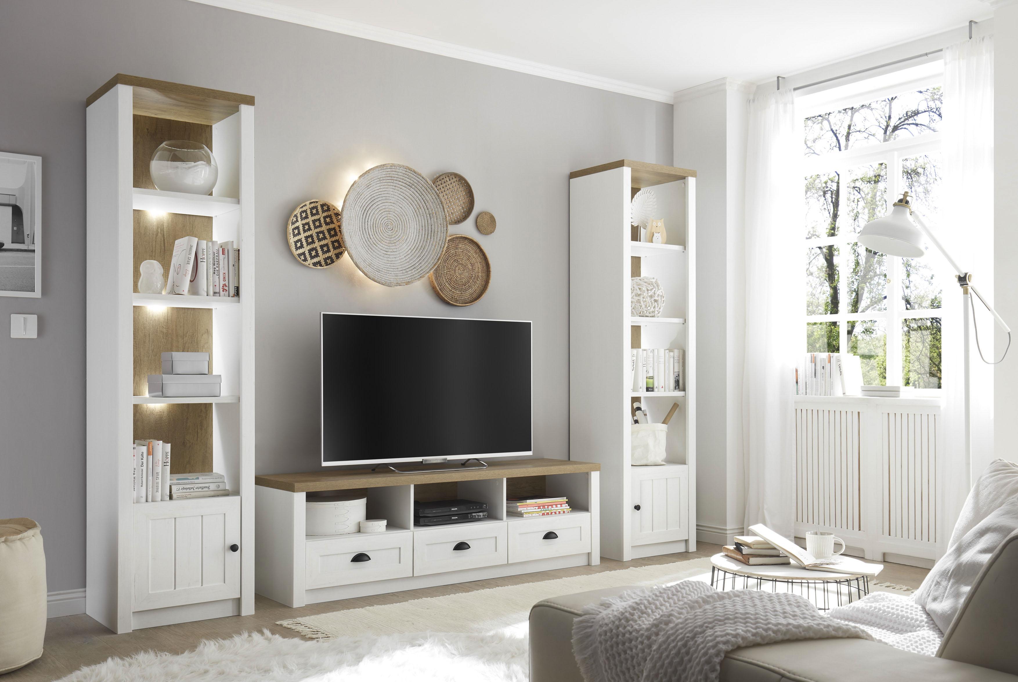 Wohnwand HOME AFFAIRE "Beauvais", weiß (weiß pinie dekor, weiß pinie dekor, applikation eichefarben dekor), B:300cm, Kastenmöbel-Sets, Wohnwand