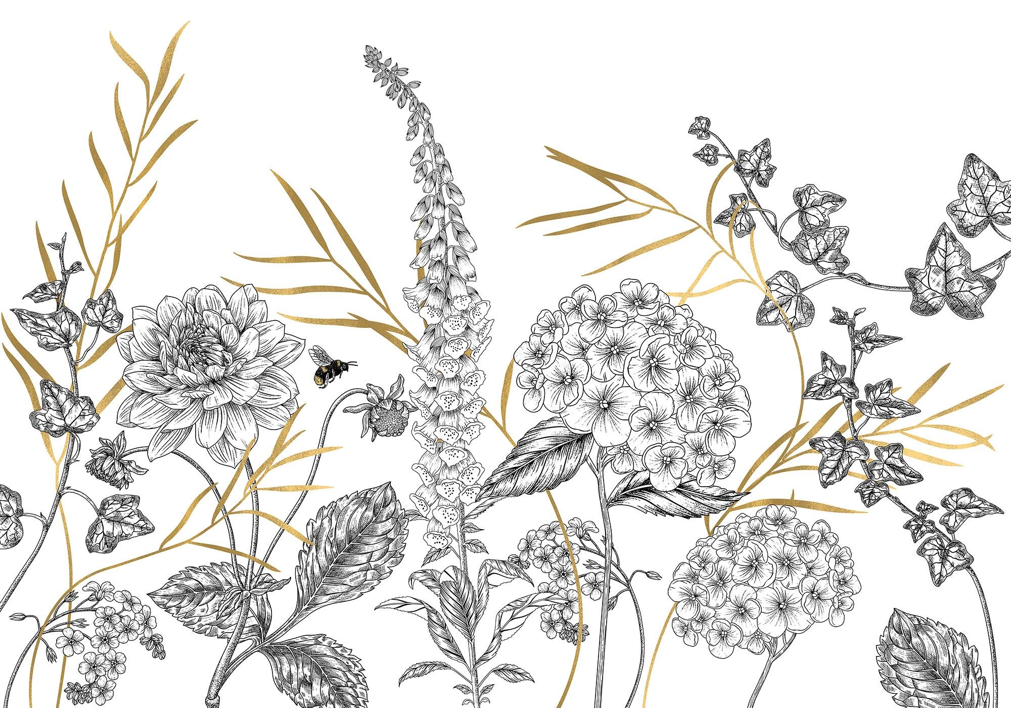 Vliestapete KOMAR "Digitaldruck Vlies - Bumble Bee - Größe 400 x 280 cm", schwarz-weiß (gold, schwarz, weiß), B:400m L:280m, Vlies, Tapeten, Vliestapete, Wohnzimmer, Schlafzimmer