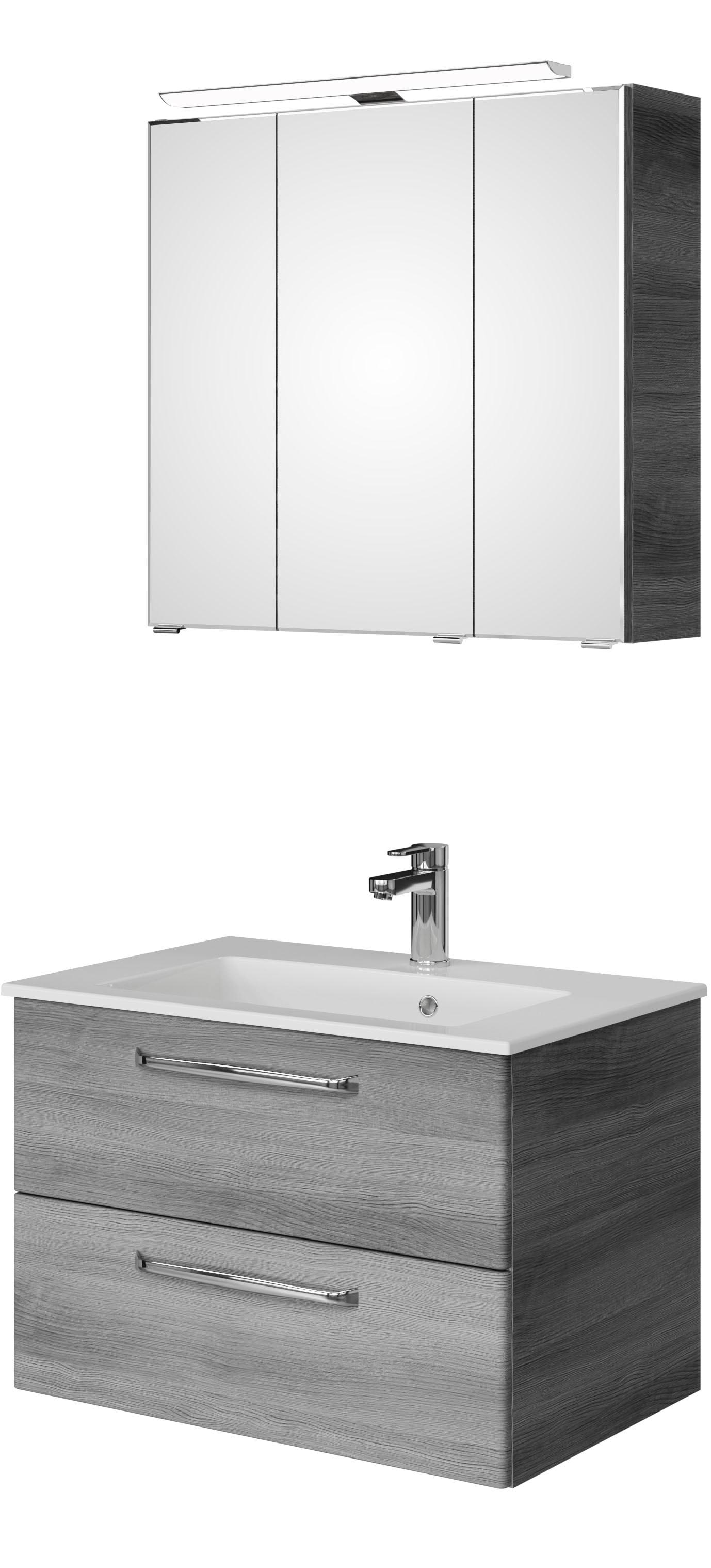 Badmöbel-Set SAPHIR "Trentino 2-tlg Mineralmarmor-Waschtisch,Spiegelschrank mit LED-Leuchte", grau (graphit struktur quer nb), Kastenmöbel-Sets, Badmöbel-Set, Badmöbel-Set 77cm breit, inkl. Türdämpfer, 3 Türen, 2 Auszügen