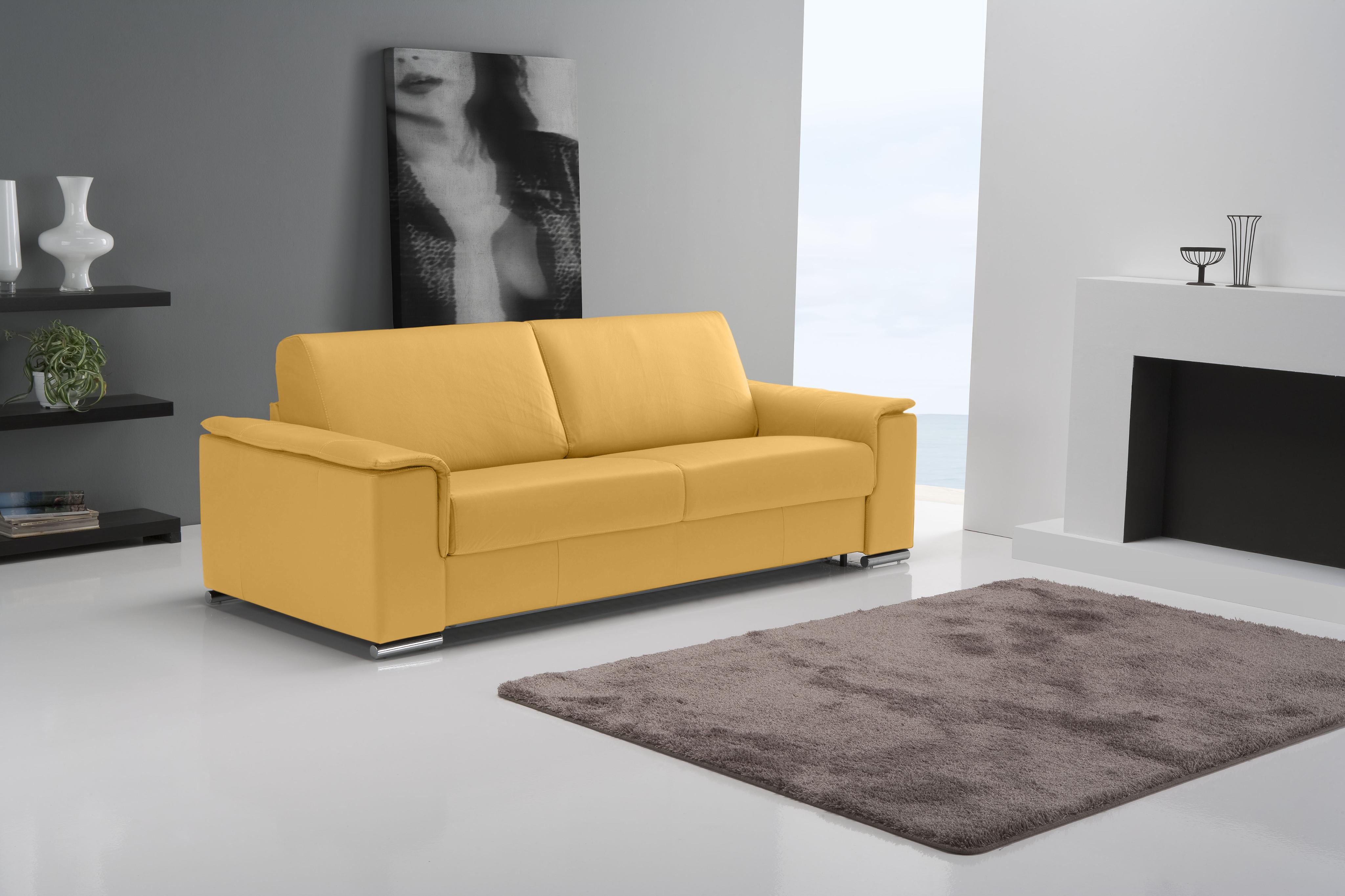 Schlafsofa EGOITALIANO "Cecilia, modern & elegant, erstklassiger Sitzkomfort, Dauerschläfer", gelb, B:234cm H:85cm T:102cm, Leder »BULL« (echtes Rindsleder). Geschliffenes, pigmentiertes und behandeltes Rindsleder mit einer Dicke von 1, 3-1, 5 mm. Dieses Leder zeigt eine ziemlich weiche Hand mit einem halb undurchsichtigen Aussehen. Es handelt sich um ein geschütztes Leder. Eine leichte Deckschich