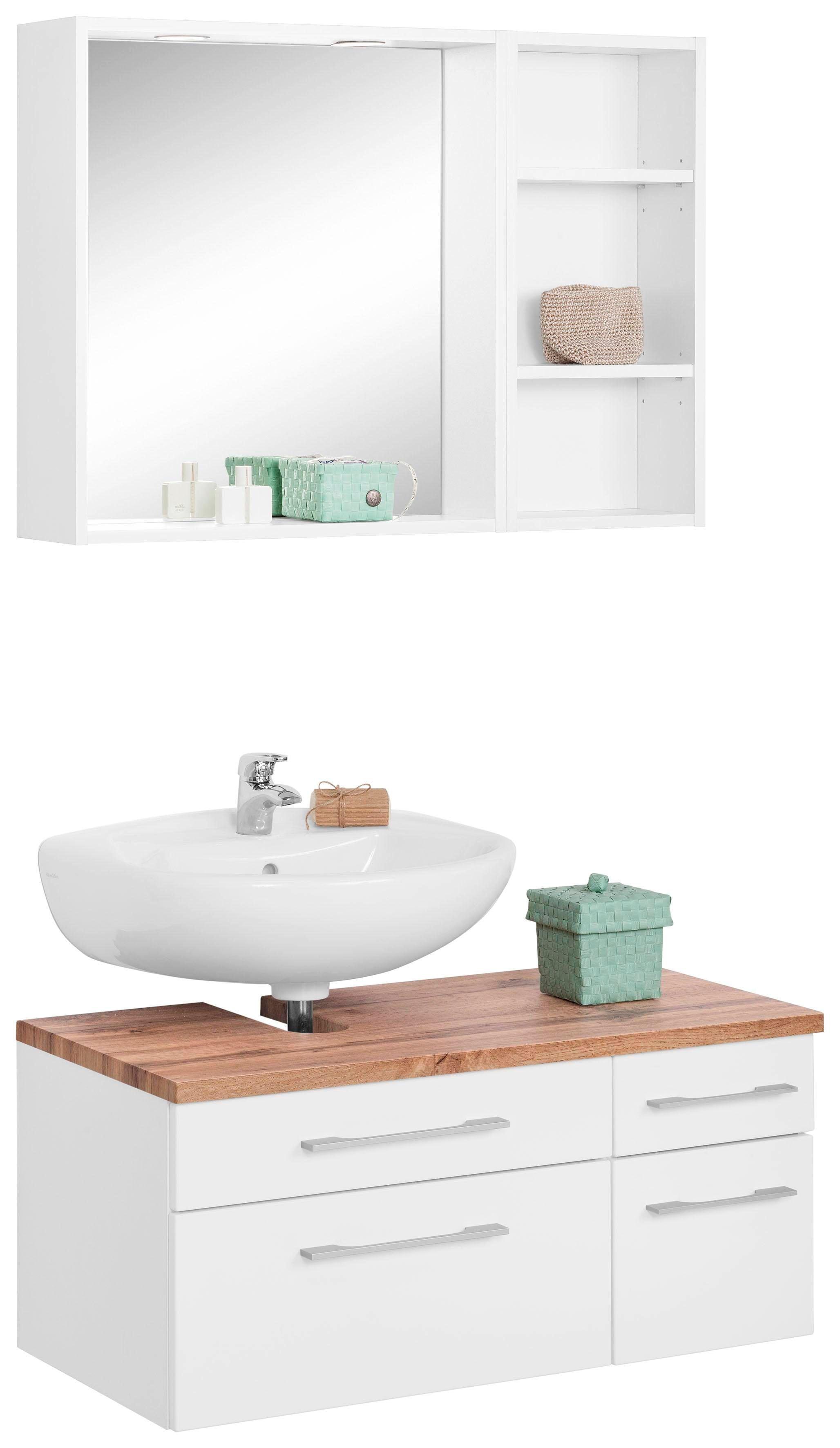 Badmöbel-Set WELLTIME "Davos", weiß, Siphonausschnitt links, Holzwerkstoff, MDF, Melamin, Kastenmöbel-Sets, Badmöbel-Set, Spiegel inklusive Beleuchtung, Regal und Waschbeckenunterschrank