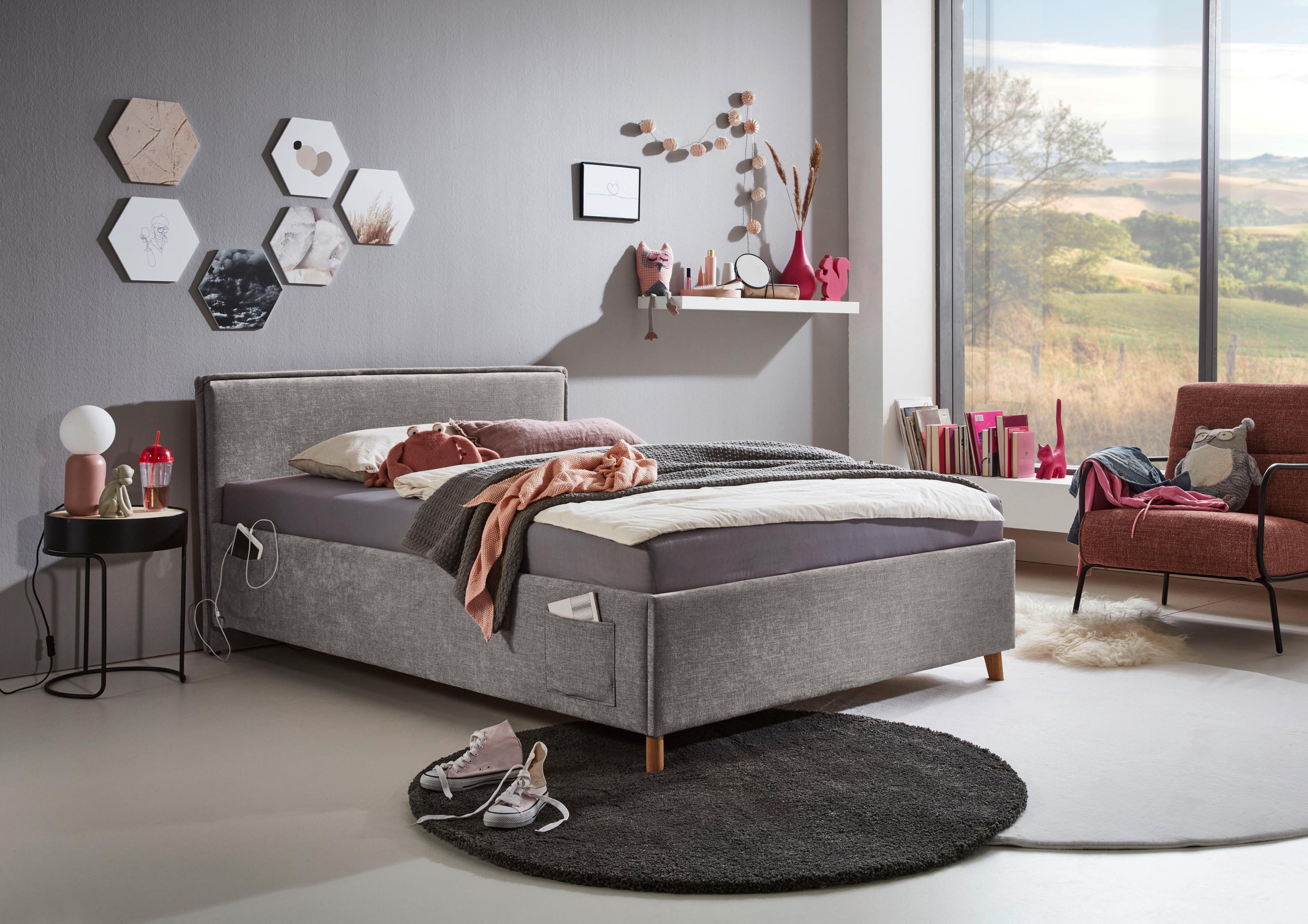 Kinderbett MEISE.MÖBEL "FUN", grau (grau, grau), B:133cm L:215cm, Betten, Kinderbett, Polsterbett wahlweise mit Bettkasten, Jugendbett inkl. USB-Anschluss