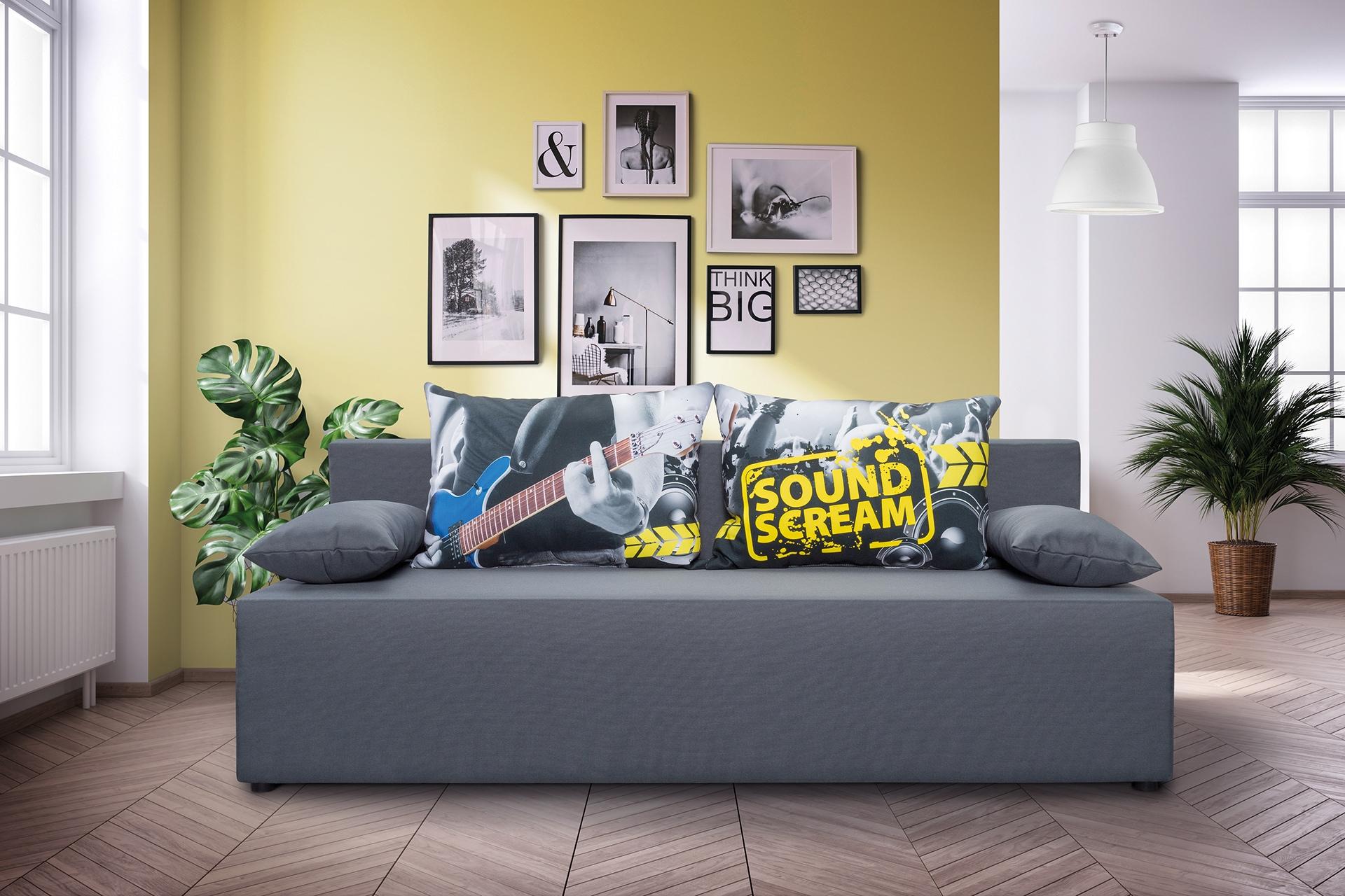 3-Sitzer EXXPO - SOFA FASHION "Tabou Sound Scream Schlafsofa Breite 193cm", grau (grau, gelb), B:193cm H:88cm T:85cm, Sofas, 3-Sitzer, mit Schlaffunktion und Bettkasten, inkl. loser Zier- und Rückenkissen