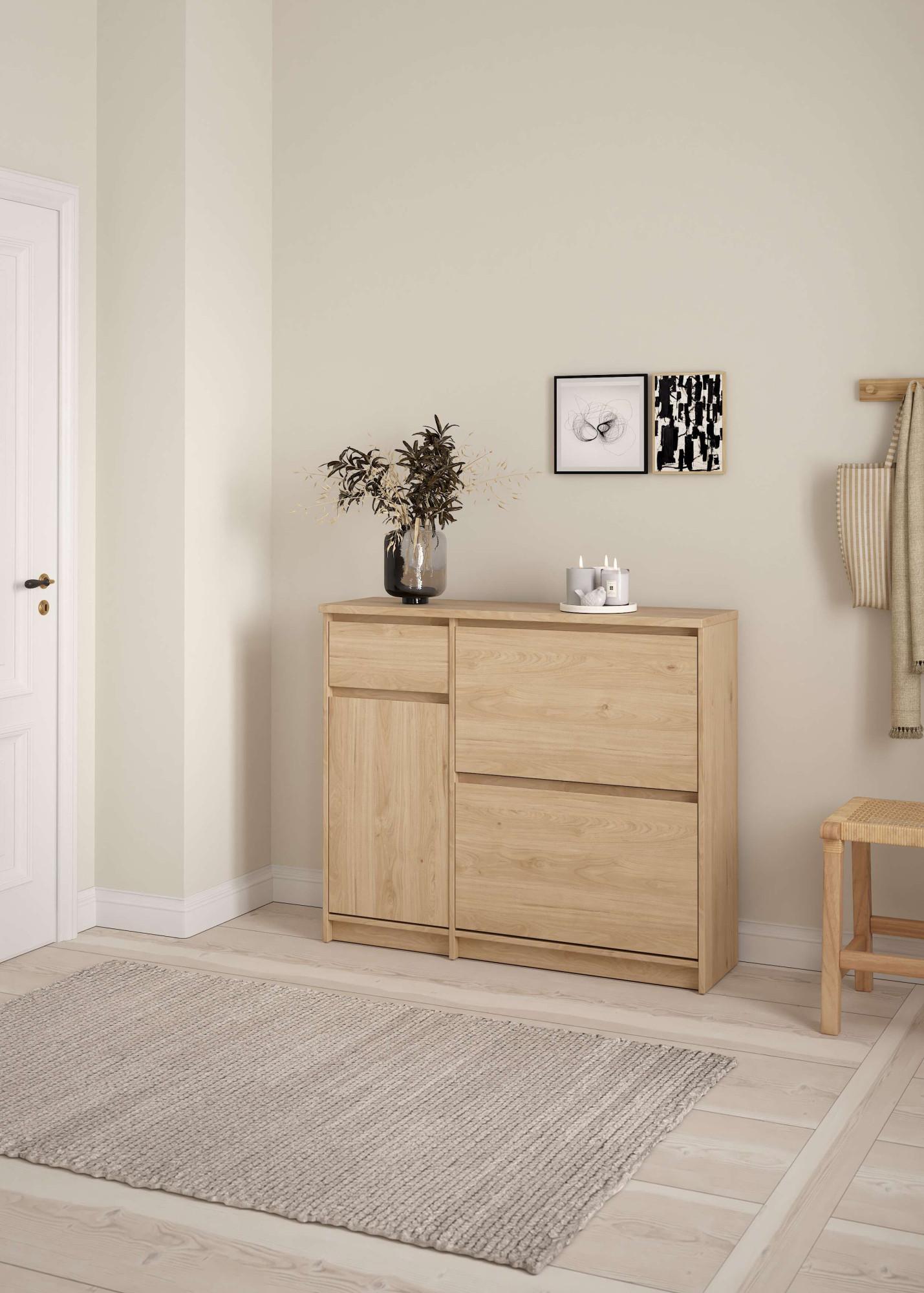 Schuhschrank INOSIGN "Naia Schuhaufbewahrung, Schuhkommode, Schuhregal, Modernes Design", braun (jackson hickory), B:108,9cm H:92,9cm, Holzwerkstoff, Schränke, Schuhschrank, mit 2 Klappen und 1 Tür und 1 Schublade, Praktisch, Breite 109 cm