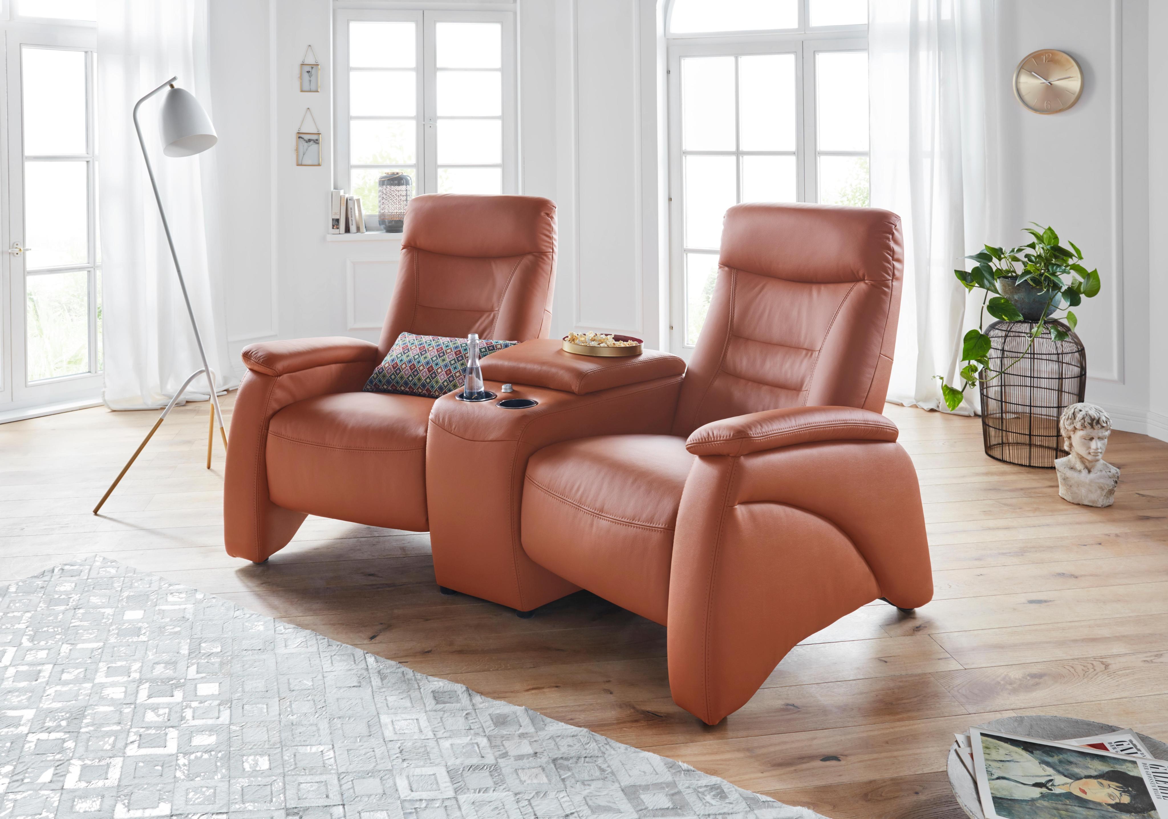2,5-Sitzer EXXPO - SOFA FASHION "Ascoli, Kinosofa mit hohem Sitzkomfort, bequeme Armlehnen", braun (cognac), B:199cm H:106cm T:99cm, NaturLEDER (echtes Rindsleder) in Sitz und Rücken. Korpus in passendem Kunstleder SOFTLUX bezogen;Velours in Lederoptik (100% Polyester), Sofas, 2 5-Sitzer, inkl. Relaxfunktion, mit Ablage und Staufach, hohe Rückenlehne