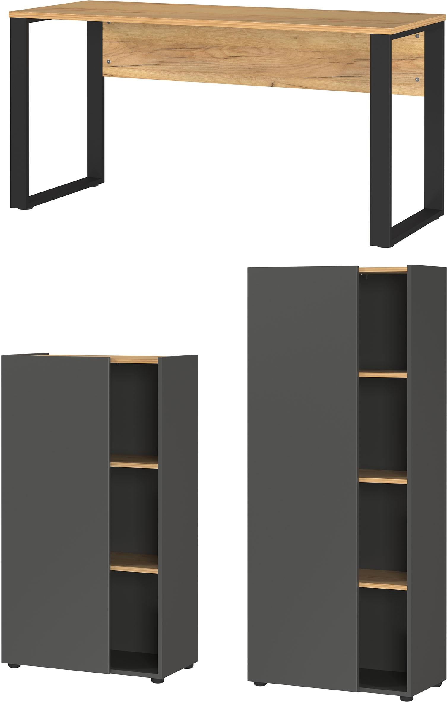 Büromöbel-Set GERMANIA "Adrano", schwarz (navarra, eiche, nachbildung, schwarz), B:302cm H:145cm T:90cm, Arbeitsmöbel-Sets, Büromöbel-Set, Tür schließt nur 2/3 des Schranks