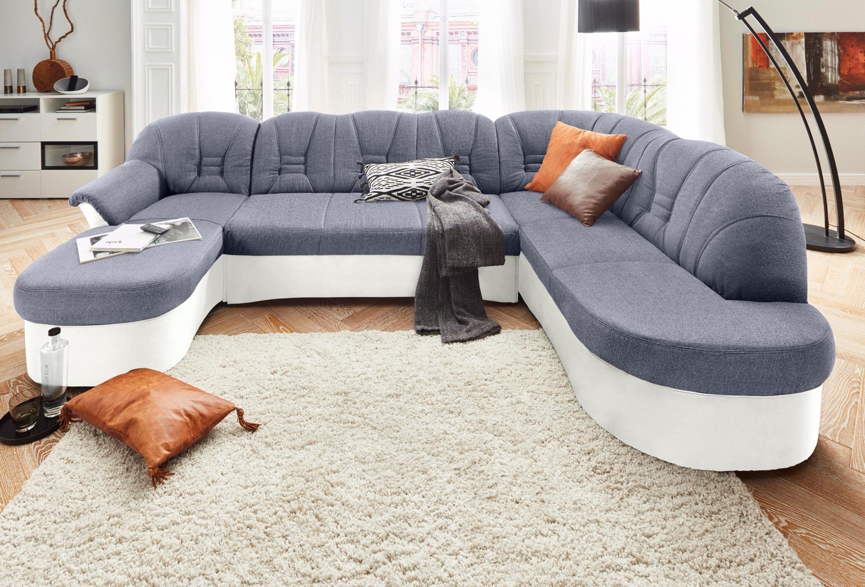 Wohnlandschaft DOMO COLLECTION "Elva, zeitloses Design, elegante Rückensteppung, Breite 293cm, U-Form", weiß (weiß, silber), B:293cm H:84cm T:82cm, (geprägte) Luxus-Microfaser (100% Polyester);Kunstleder SOFTLUX / Struktur (100% Polyester);Microfaser PRIMABELLE (100% Polyester), Sofas, Wohnlandschaft, wahlweise mit Bettfunktion und Federkern