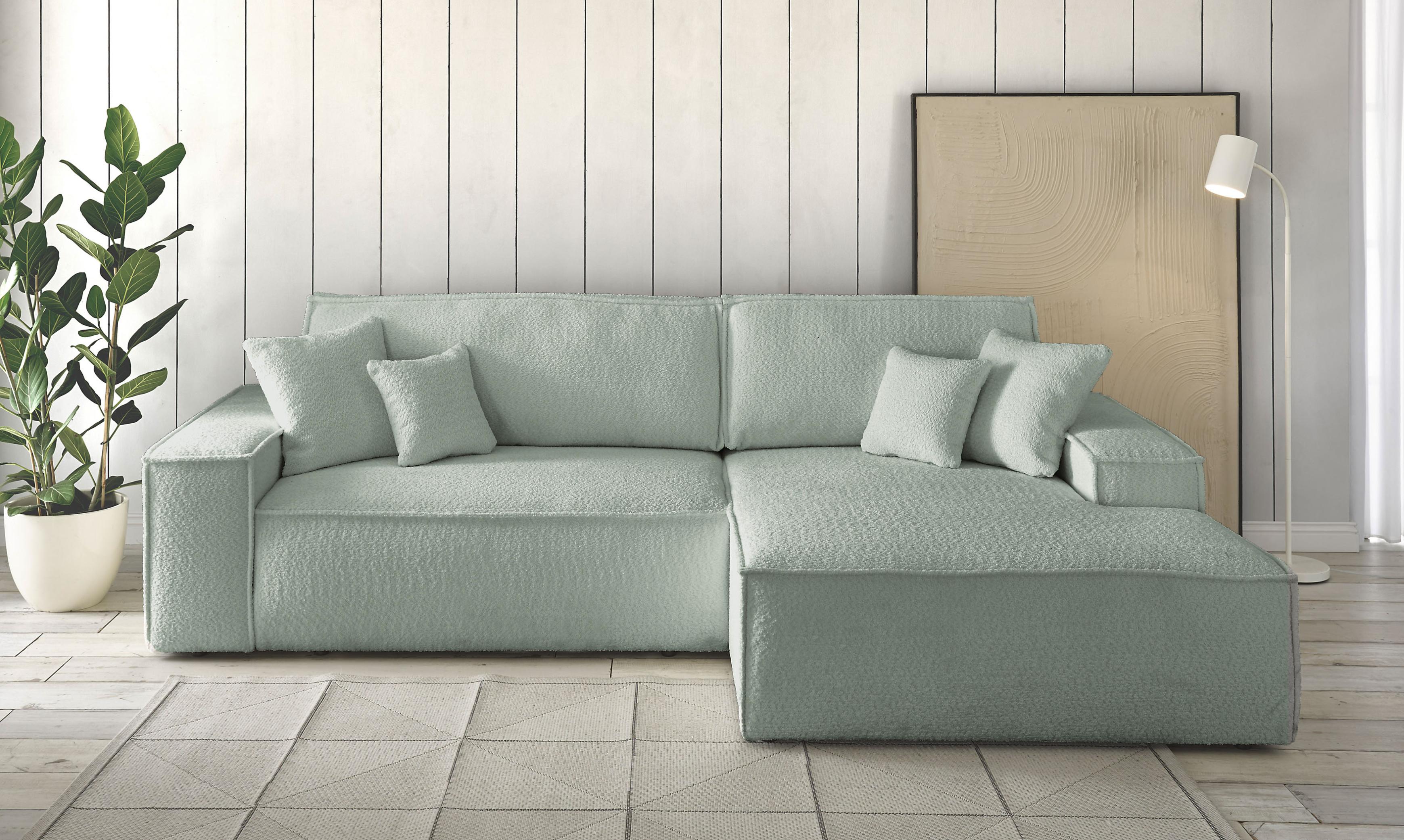 Ecksofa OTTO HOME "FINNLEY, L-Form 257 cm, Schlafsofa", grün (mintgrün), B:267cm H:85cm T:167cm, Bezugstoff aus 90% recyceltem Material ;Aqua Clean ;Gramatur 580g/ qm +/- 5%, Sofas, Ecksofa, mit Bettkasten, in Bouclé, Struktur fein und Mega Cord
