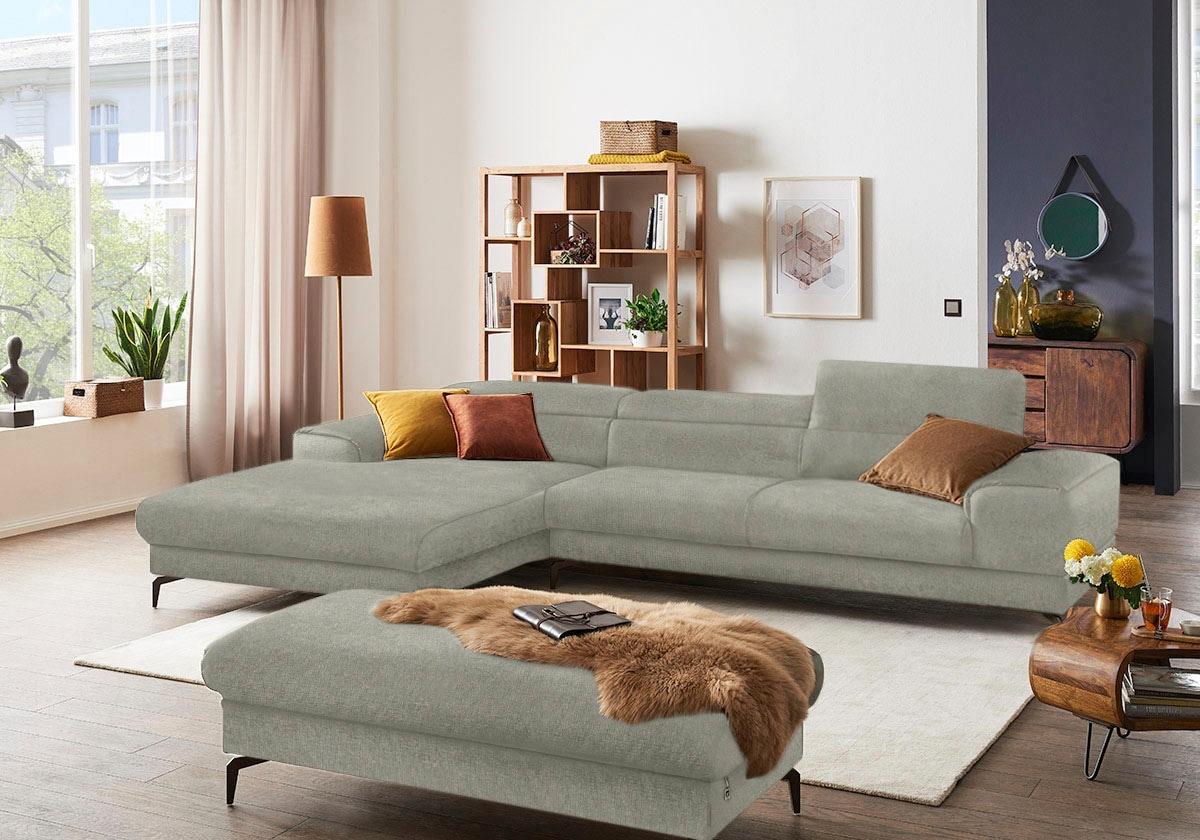 Ecksofa W.SCHILLIG "piedroo, Designsofa mit tollem Sitzkomfort, bequem und elegant, L-Form", grau (stone r66), B:343cm H:70cm T:193cm, Chenille-Flachgewebe R66 (85% Polyester, 15% Nylon), Sofas, Ecksofa, Kopfteilverstellung, wahlweise mit Sitztiefenverstellung, Breite 343cm