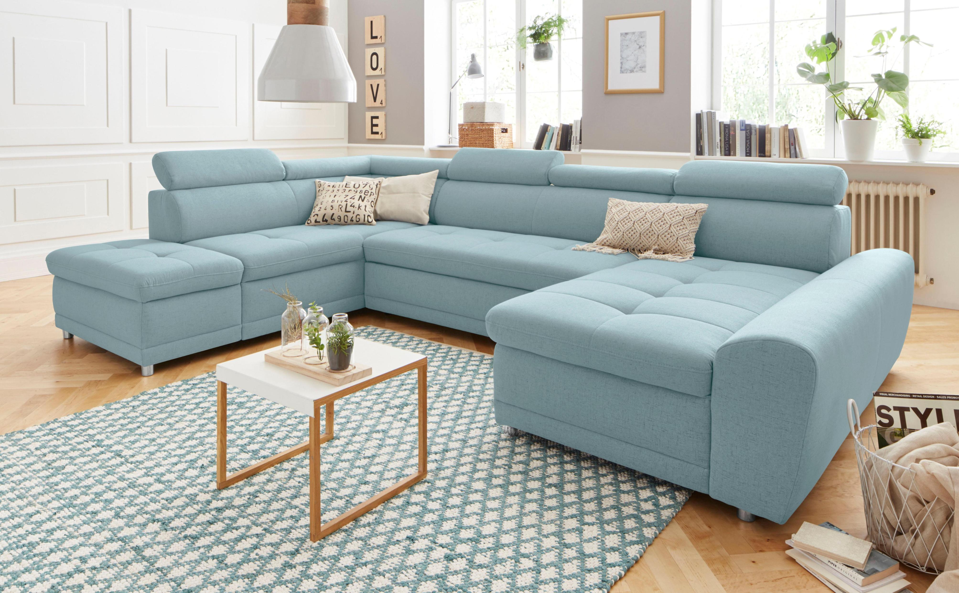 Wohnlandschaft SIT & MORE "Riva U-Form", blau (aqua), B:337cm H:92cm T:95cm, Struktur (100% Polyester);Flachgewebe (100% Polyester);Luxus-Microfaser (100% Polyester), Sofas, Wohnlandschaft, wahlweise mit Bettfunktion