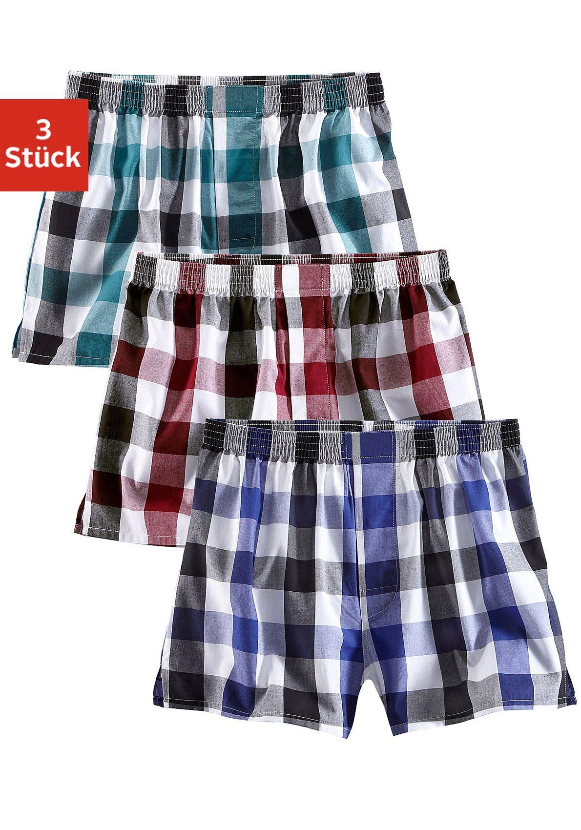 Boxer LE JOGGER "Boxershorts für Jungen", Jungen, Gr. 146/152, 3 Stk., bunt, Webqualität, Obermaterial: 100% Baumwolle, kariert, weit, Unterhosen Boxer, lässiger Style in bequemer Passform, Topseller