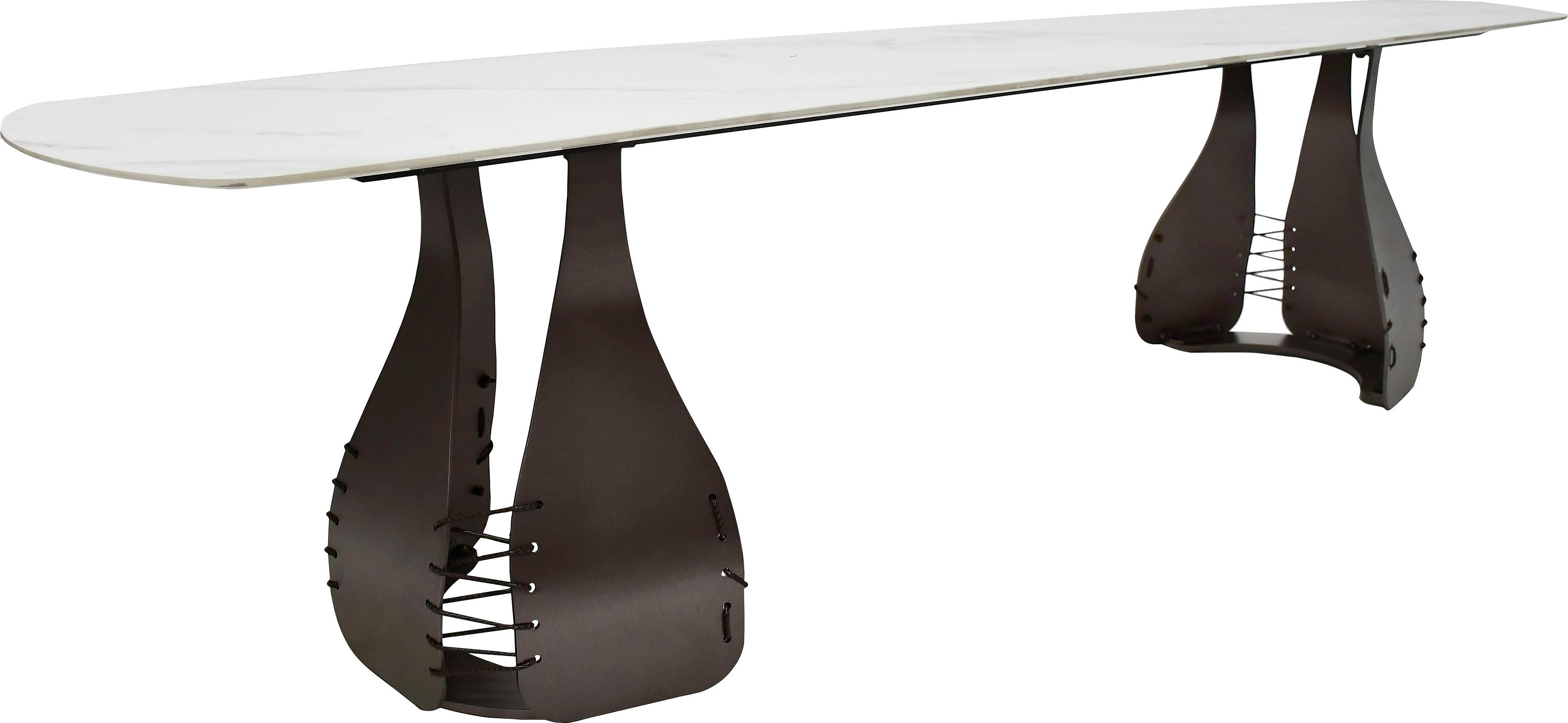 Konsolentisch LEONIQUE "Indiana", grau (grauweiß), B:180cm H:42cm T:70cm, Tische, Konsolentisch, TV-Tisch, rechteckig, bronzefarbene Beine, Keramik, Marmoroptik