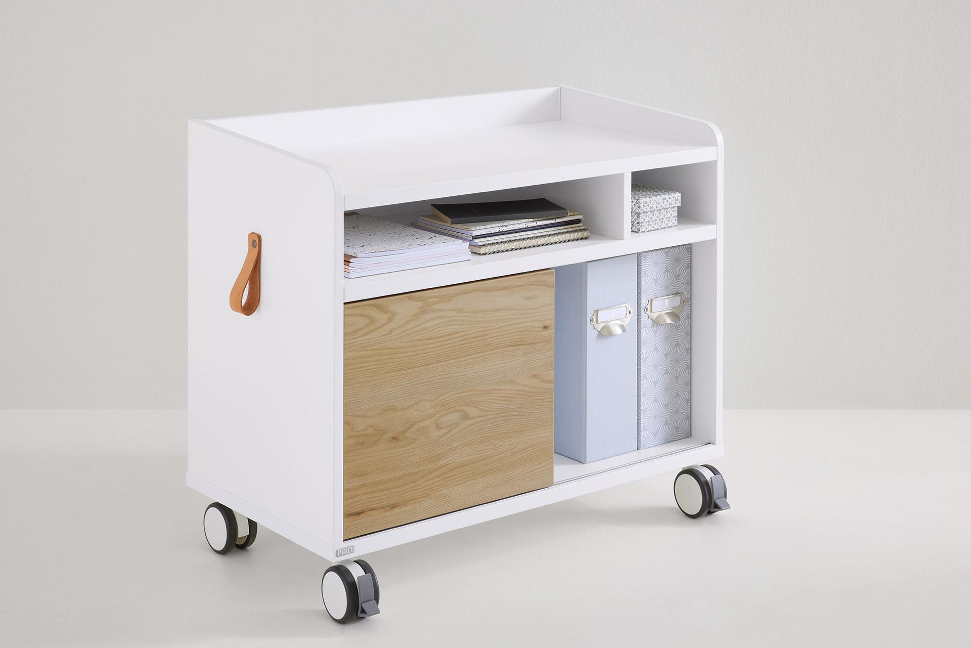 Container PAIDI "Rollcaddy S", weiß (kreideweiß, eiche, montana), B:75cm H:40,5cm T:64,9cm, Holzwerkstoff, Schränke, Container, mit Schiebetür und 2 feststellbaren Rollen