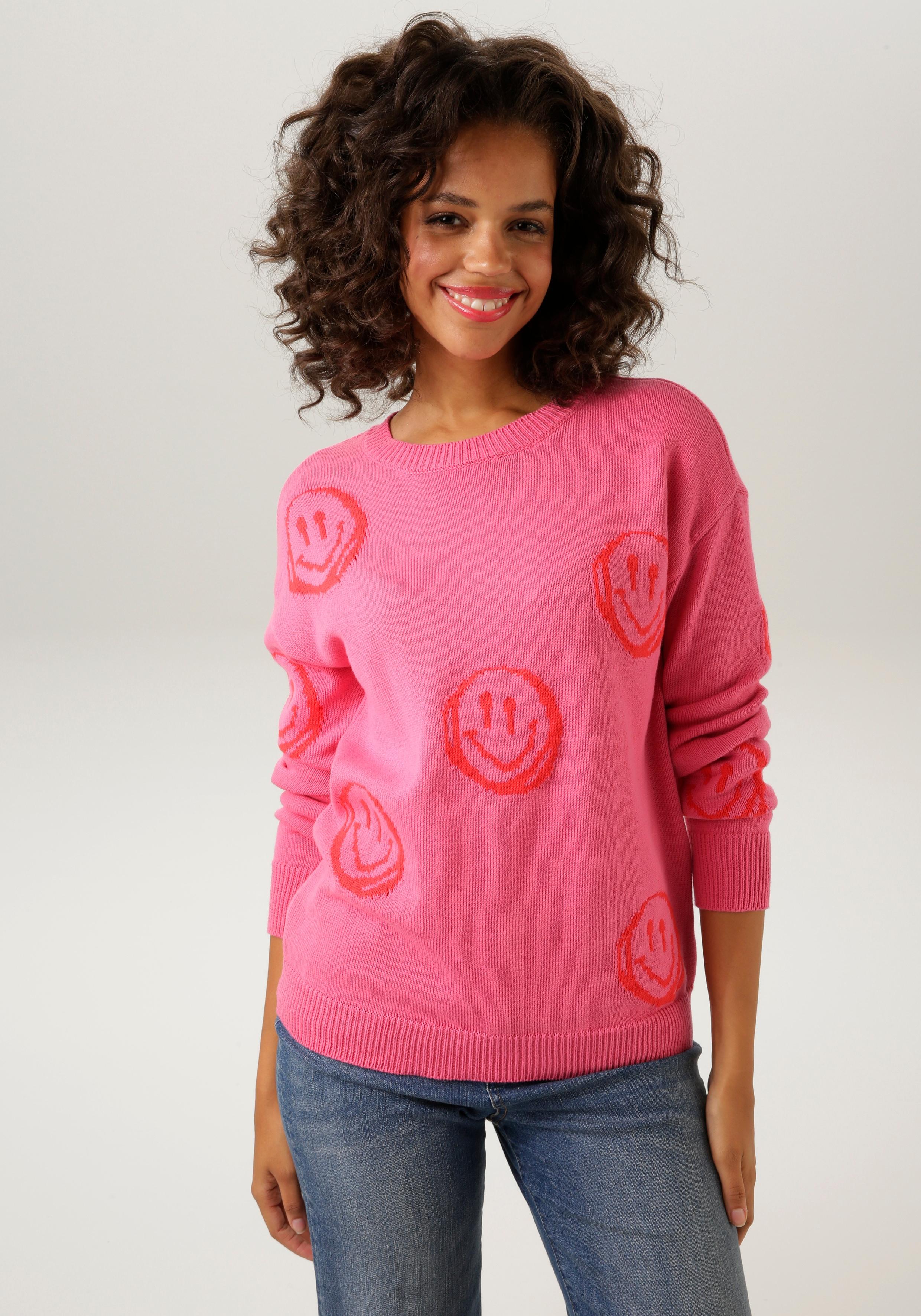 Strickpullover ANISTON CASUAL, Damen, Gr. 46, pink (pink, rot), Feinstrick, Obermaterial: 100% Baumwolle, gemustert, figurumspielend hüftbedeckend, Rundhals, Rippstrickbündchen, Pullover Strickpullover, mit eingestrickten Smileys, Topseller