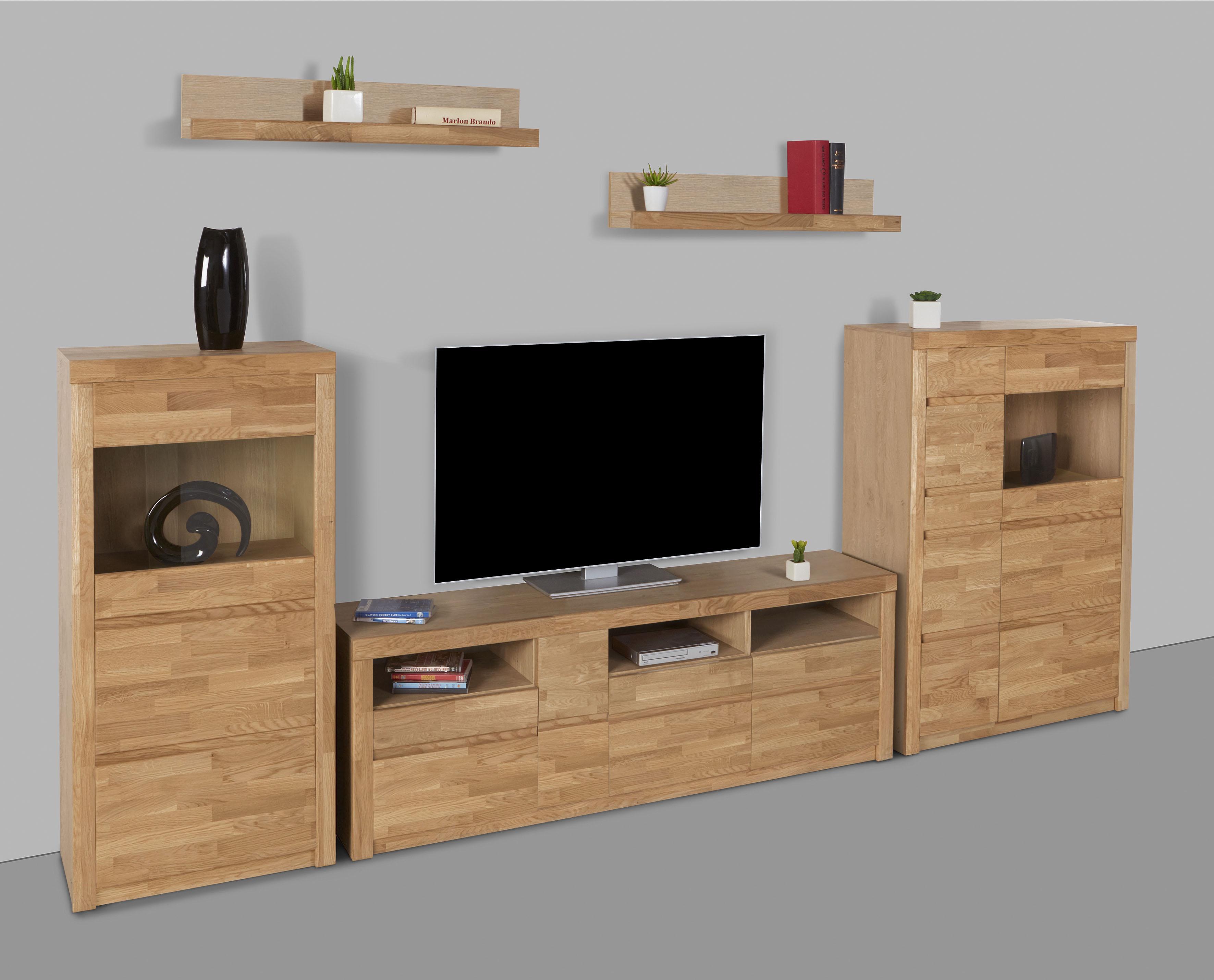 Wohnwand OTTO HOME "Silkeborg", braun (eiche teilmassiv), Holzwerkstoff eichefarben (Korpus) / Massivholz Eiche (Front), Holz teilmassiv, Kastenmöbel-Sets, Wohnwand, teilmassiv mit schöner griffloser Optik