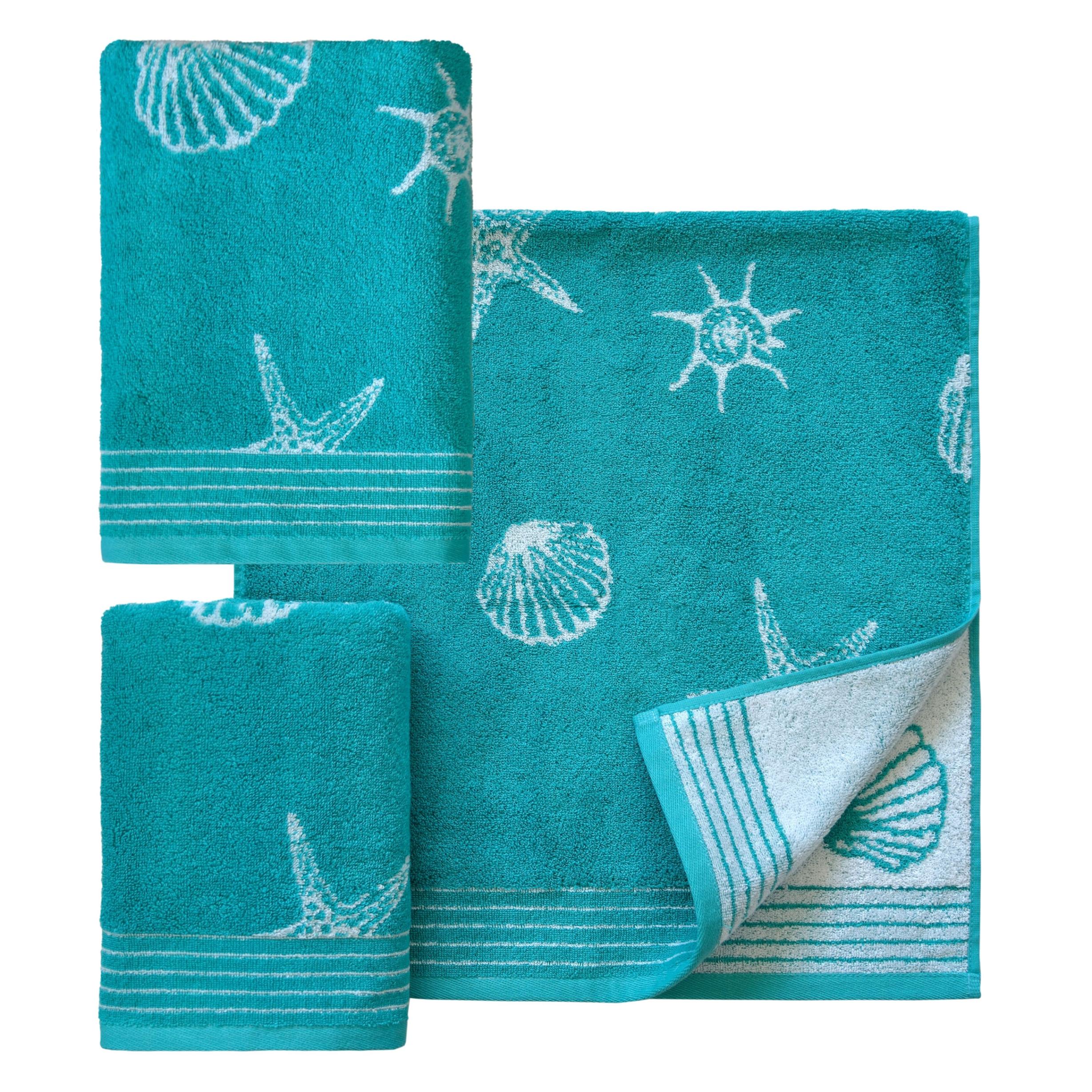 Handtuch Set DYCKHOFF "Seashell", blau (türkis), 3 Stk., Walkfrottee, Walkfrottee, Obermaterial: 100% Baumwolle, Handtuch-Sets, Handtuch Set, mit Muschelmuster; 2 Handtücher (50x100cm), 1 Duschtuch (70x140cm)