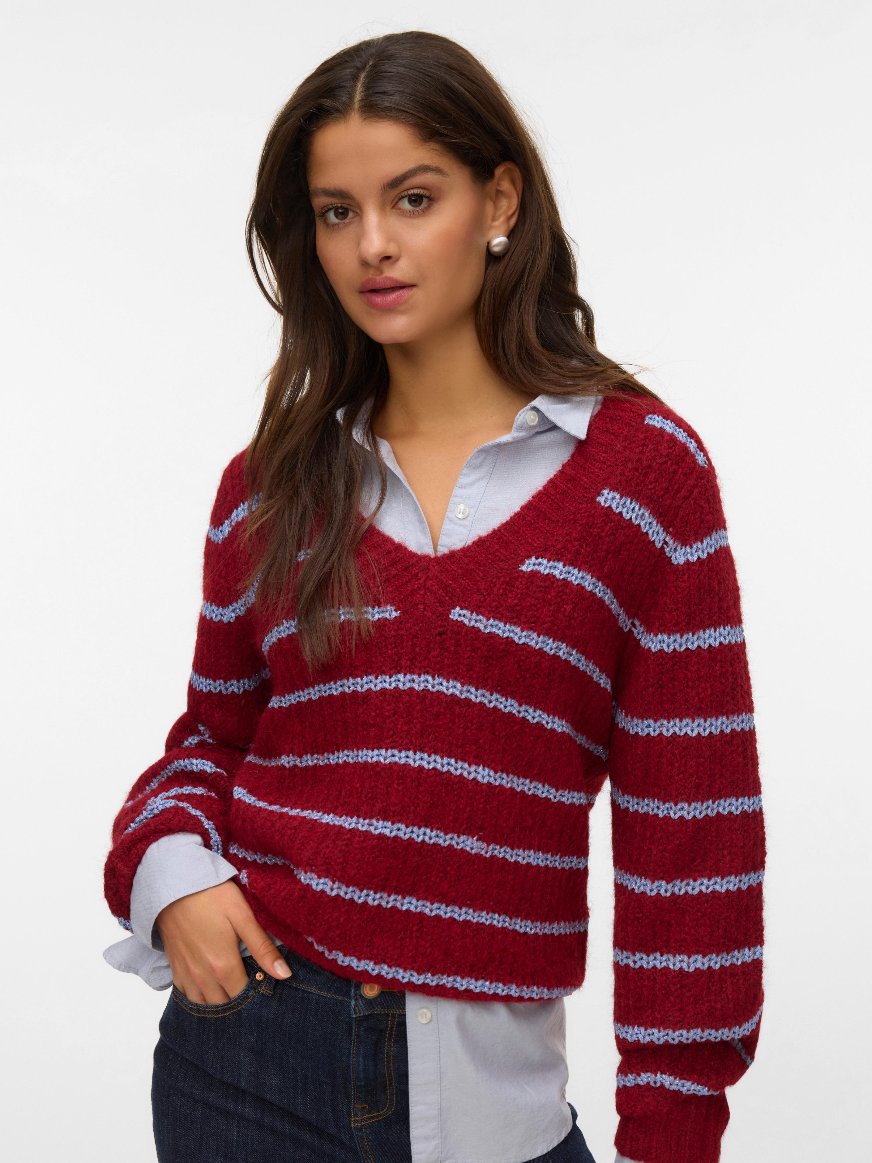 V-Ausschnitt-Pullover VERO MODA "VMAWESOME SHINE LS V-NCK STRIPE PULL BOO", Damen, Gr. M, winetasting detail:with baby lavender lurex, Strick, Obermaterial: 55% Polyester, 17% Viskose, 16% Nylon, 6% Wolle, 5% metallisierte Fasern, 1% Elasthan, gestreift, regular fit, V-Ausschnitt, Rippstrickbündchen, Pullover V-Ausschnitt-Pullover, mit Glitzer-Effekt