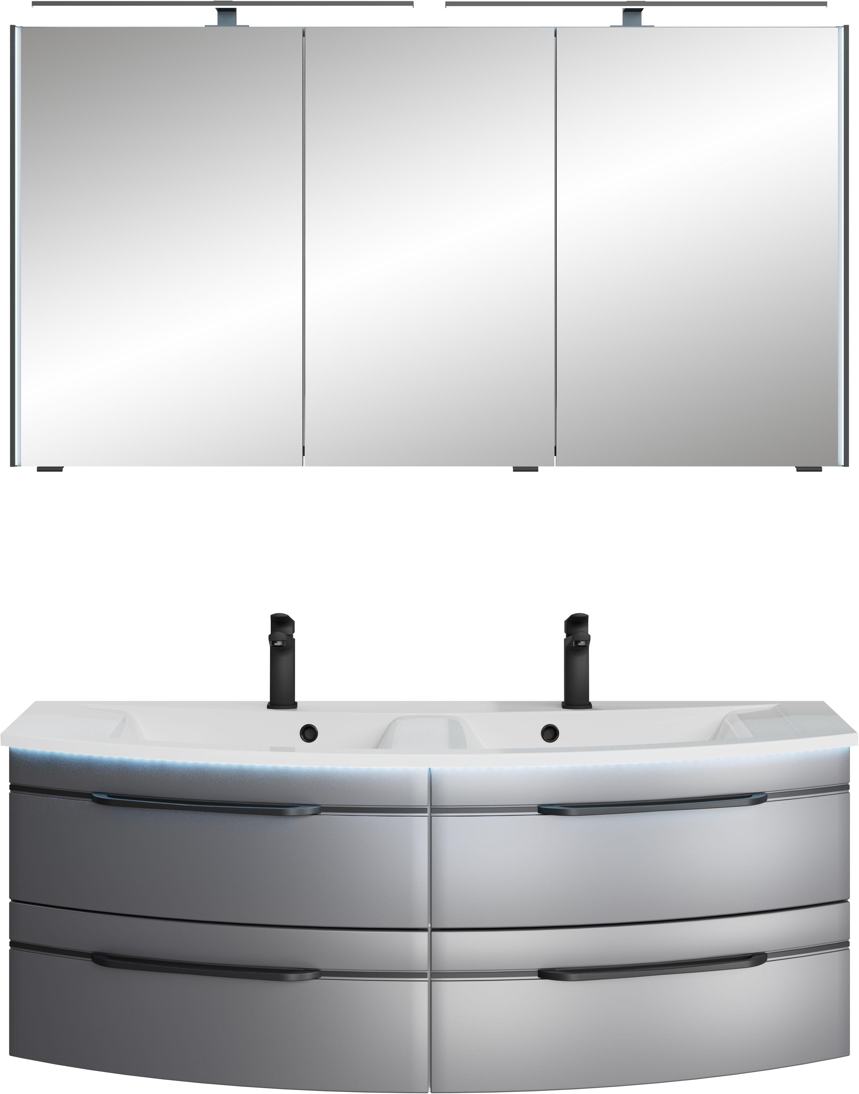 Badmöbel-Set SAPHIR "Badezimmer-Set 133,2 cm breit, inkl. Türdämpfer, 3 Türen, 4 Schubladen", grau (stahlgrau metallic), B:133,2cm H:200cm T:51,8cm, Holzwerkstoff, Kastenmöbel-Sets, Badmöbel-Set, Serie 7045 2-teilig Mineralmarmor-Doppelwaschtisch, LED-Spiegelschrank