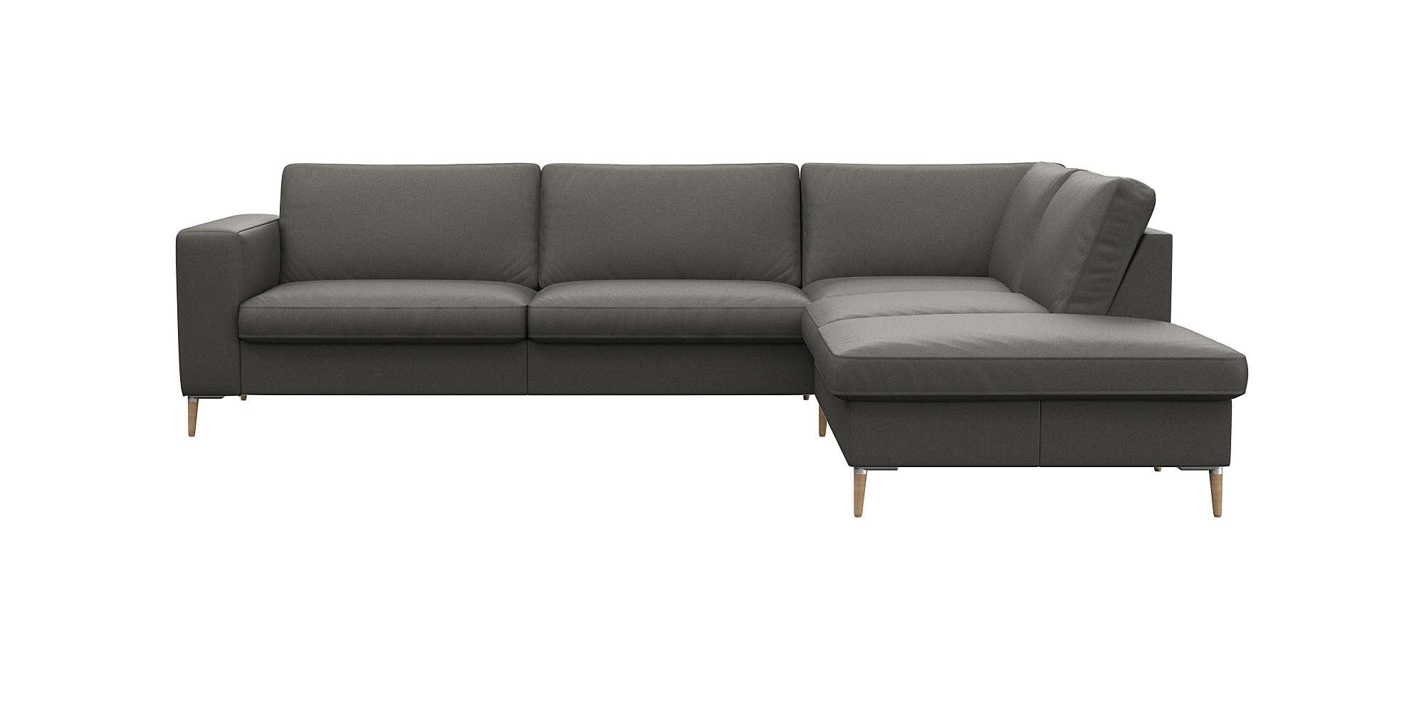 Ecksofa FLEXLUX "Fiore, Sitzaufbau mit hochwertigem Kaltschaum für mehr Sitzkomfort", grau (warm mineral), B:273cm H:85cm T:225cm, 100% Echteder, Sofas, Ecksofa, breite Armlehnen, L-Form, Füße Alu/Eiche