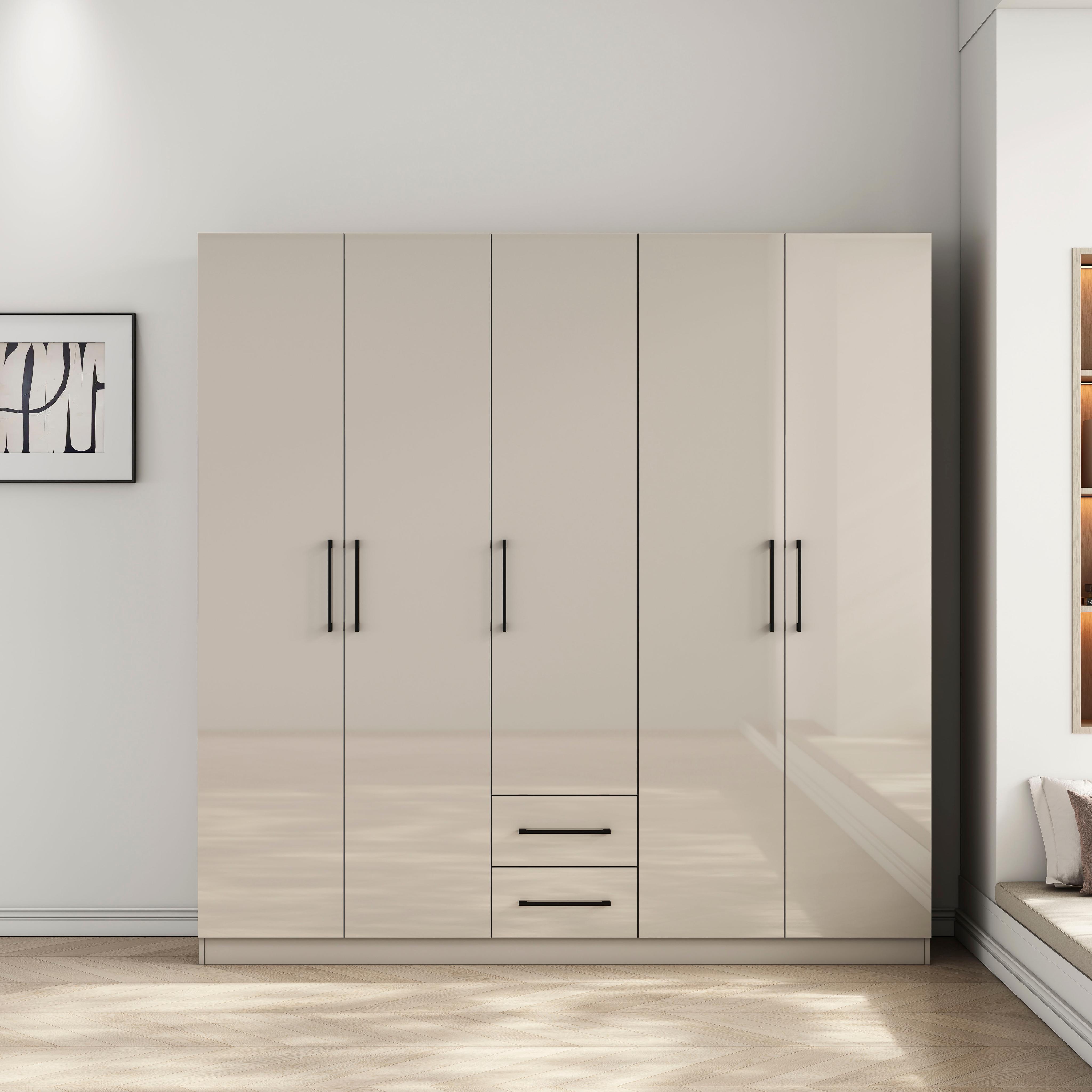 Kleiderschrank OTTO HOME "Sylt Schlafzimmerschrank Garderobe Schrank TOPSELLER in hochglanz weiß", sandgrau, B:200cm H:200cm T:52cm, FSC-zertifizierter Holzwerkstoff, Schränke, Kleiderschrank, Drehtürenschrank mit perfekter Innenausstattung, Breite 200cm, Topseller