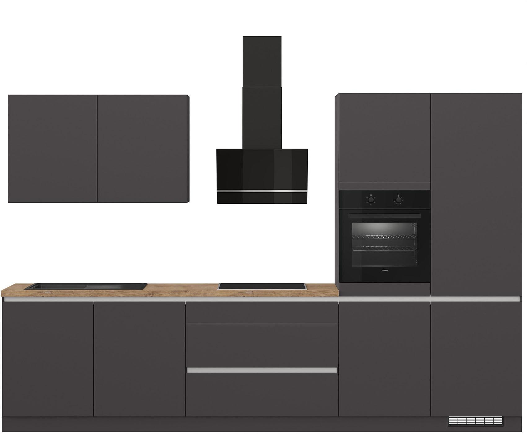 Küche IMPULS KÜCHEN "Dublin", Anti Fingerprint Oberfläche, Schubkästen mit Soft-Close", grau (küche: grau, korpus: grafitfarben, arbeitsplatte: vintage eiche, nachbildung), B:340cm H:222cm T:60cm, Komplettküchen-Sets, Küche, vormontiert, wahlweise mit E-Geräten, mit Vollauszug, Breite 340 cm