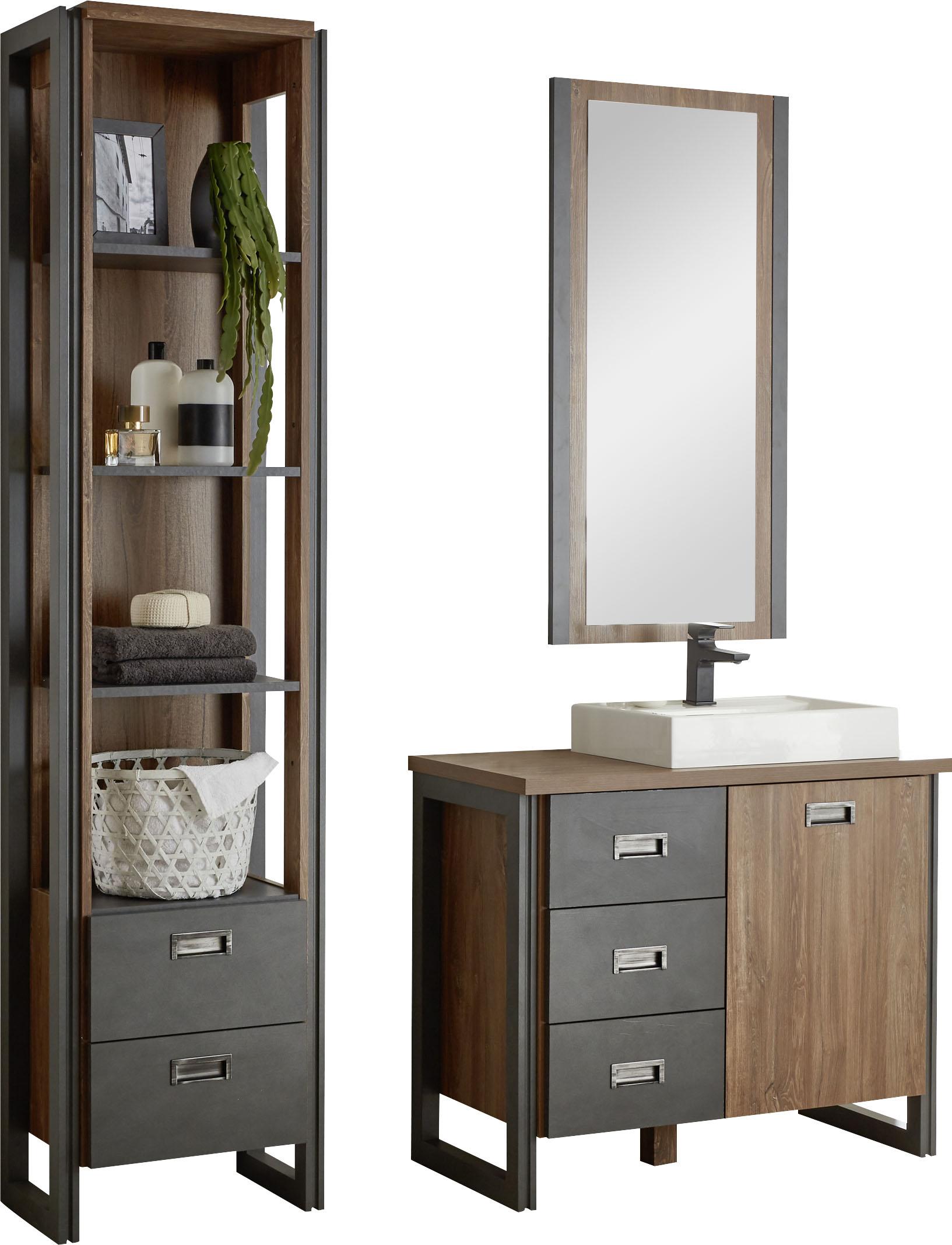 Badmöbel-Set HOME AFFAIRE "Detroit, Bad im Industrialdesign, 3-teiliges Badezimmer", gelb (eiche honigfarben dekor, schiefer, nachbildung), Kastenmöbel-Sets, Badmöbel-Set, Waschtisch, Regal & Spiegel, inkl. Aufsatzwaschbecken aus Mineralguss