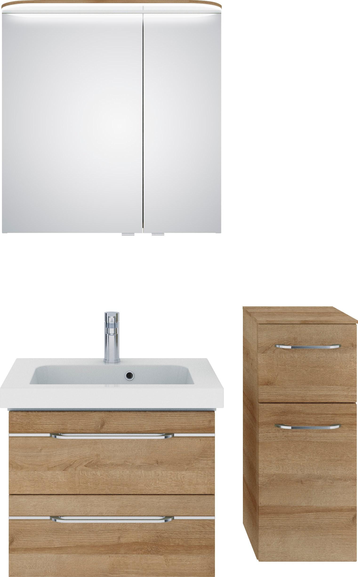 Badmöbel-Set SAPHIR "Balto Sprint 3-teilig, Mineralmarmor-Waschtisch mit LED-Spiegelschrank", braun (riviera eiche quer nachbildung), B:100cm H:200cm T:46cm, Holzwerkstoff, Kastenmöbel-Sets, Badmöbel-Set, Badezimmer Set mit Unterschrank inkl Türdämpfer, 3 Türen, 3 Schubladen