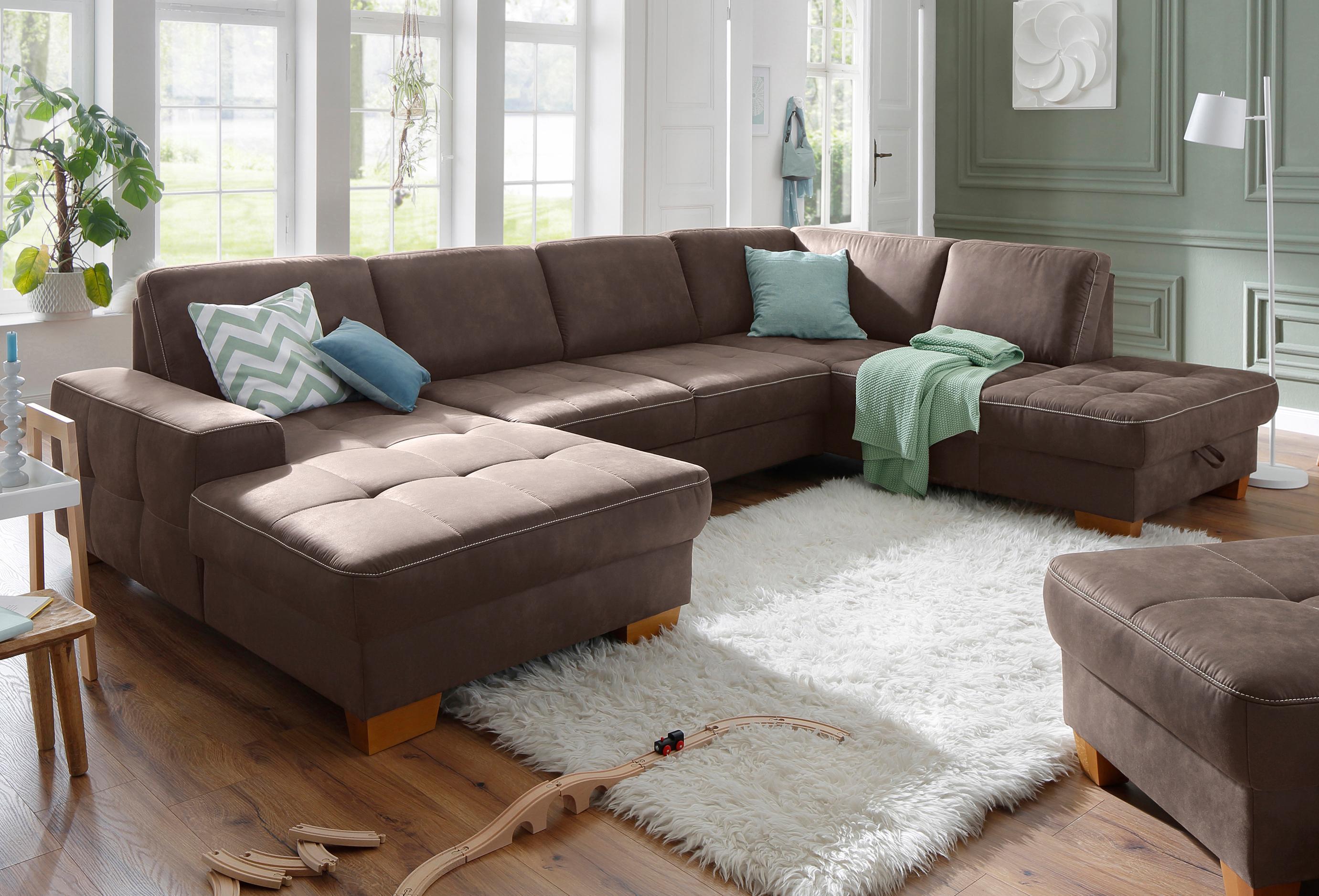 Wohnlandschaft HOME AFFAIRE "Puccini U-Form", braun, B:340cm H:86cm T:224cm, Luxus-Microfaser (100% Polyester);Luxus-Microfaser ALTARA NUBUCK (100% Polyester);Luxus-Microfaser Lederoptik (100% Polyester), Sofas, Wohnlandschaft, mit Federkern, Sitztiefenverstellung, Kontrastnaht