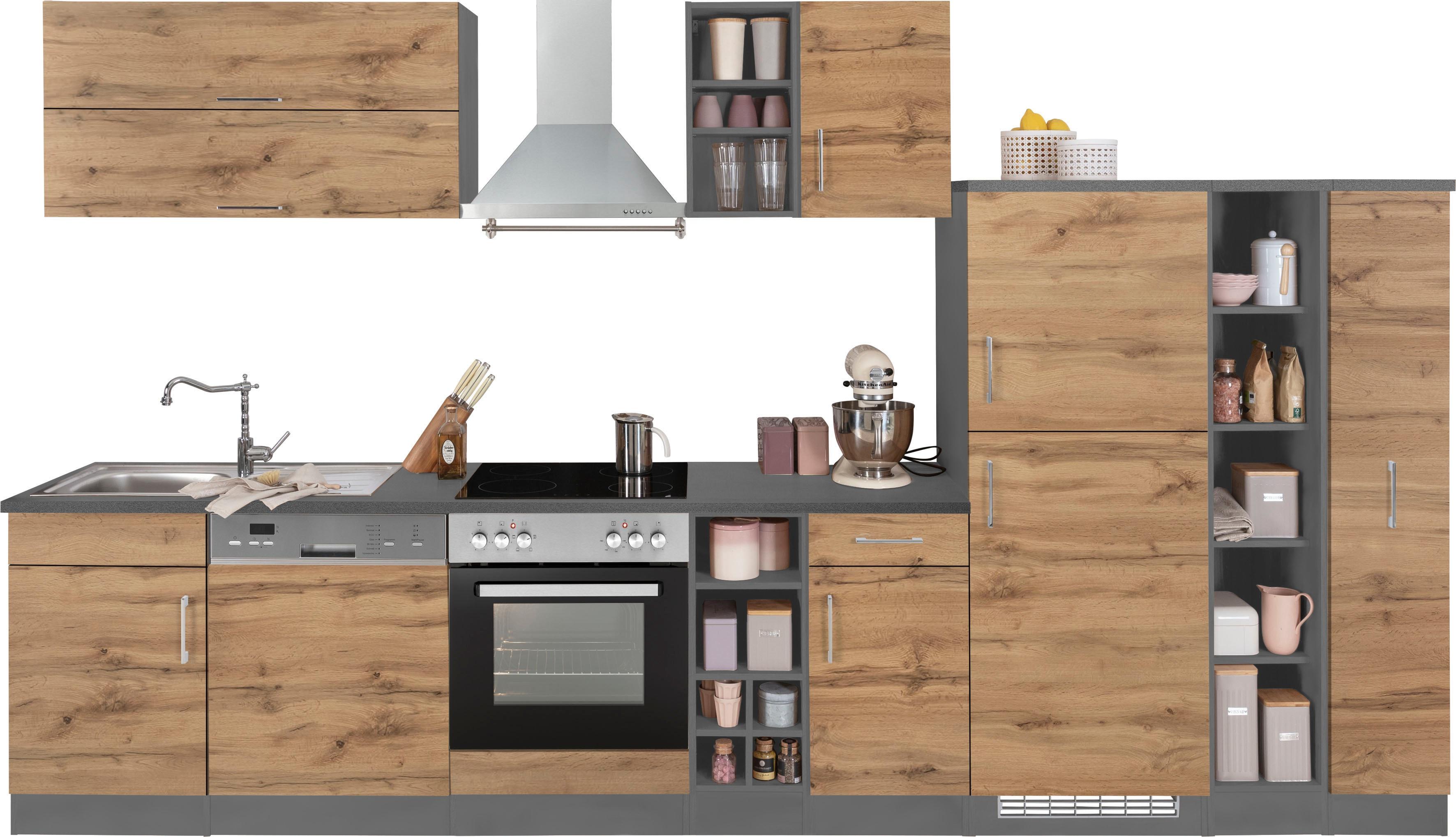 Küchenzeile KOCHSTATION "KS-Colmar", grau (küche: grau, korpus: grafitgrau, arbeitsplatte: anthrazit), B:360cm T:60cm, Komplettküchen-Sets, Küchenzeile, ohne E-Geräte, Breite 360 cm