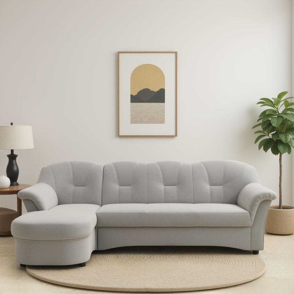 Ecksofa DOMO COLLECTION "Flores Schlafsofa, B/T/H: 233/142/86 cm, L-Form", silber, B:231cm H:84cm T:142cm, 100% Polyester, Sofas, Ecksofa, wahlweise mit Bettfunktion, wahlweise mit Federkern, auch in Leder