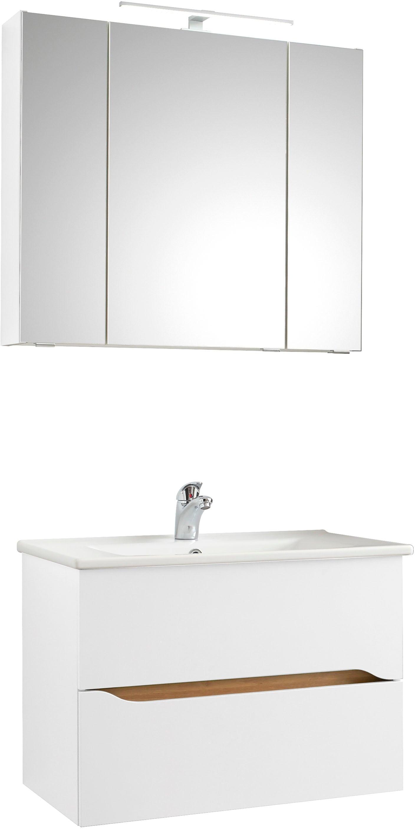 Badmöbel-Set SAPHIR "Quickset 2-teilig, Keramikwaschtisch mit LED-Spiegelschrank", weiß (weiß glanz), Holzwerkstoff, Kastenmöbel-Sets, Badmöbel-Set, 80 cm breit, 2 Schubladen, 3 Spiegeltüren, 6 Einlegeböden